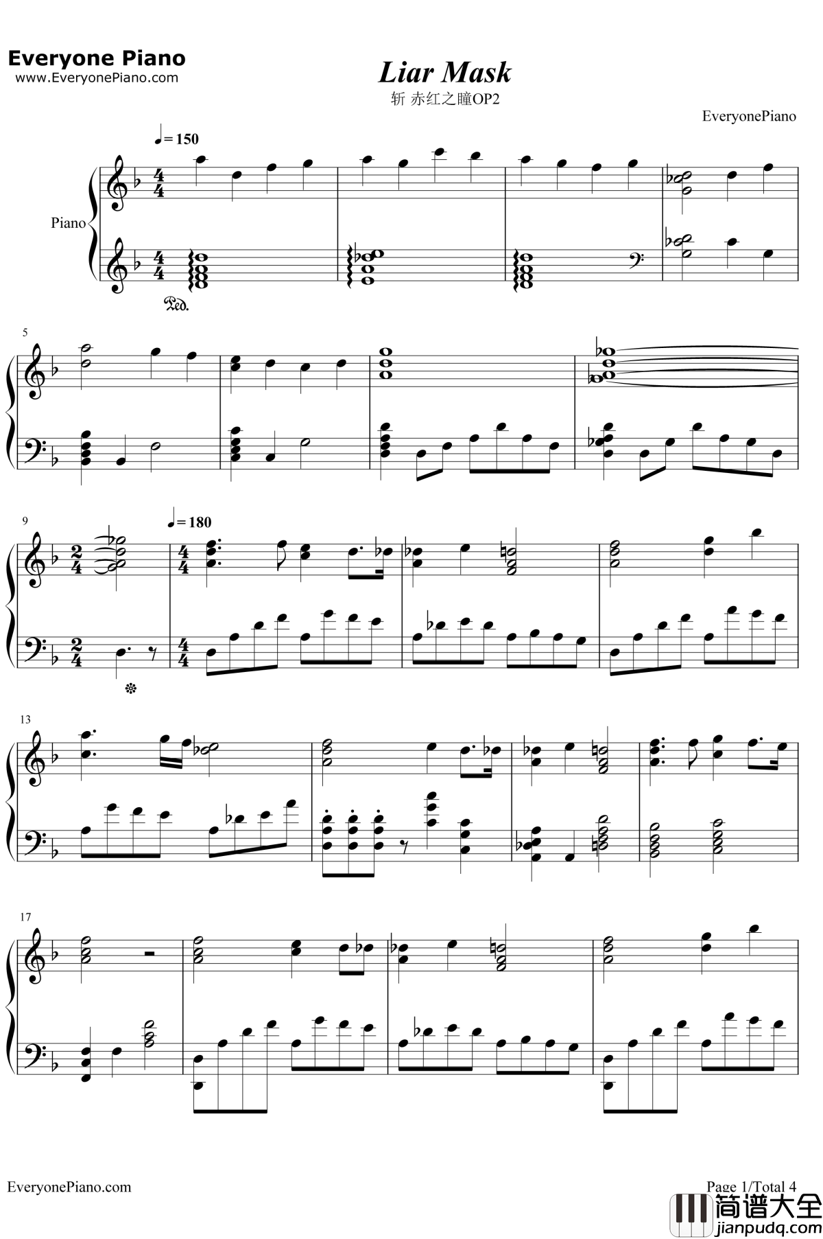 Liar_Mask钢琴谱_真山梨花真山りか_斩赤红之瞳OP2