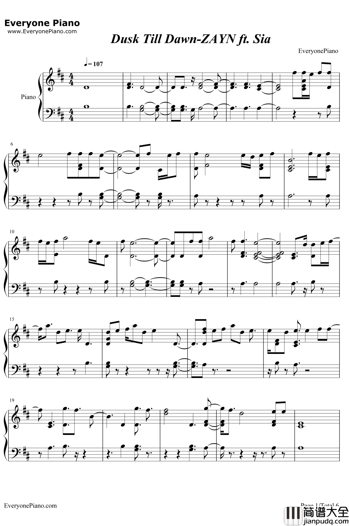 Dusk_Till_Dawn钢琴谱_ZAYNSia