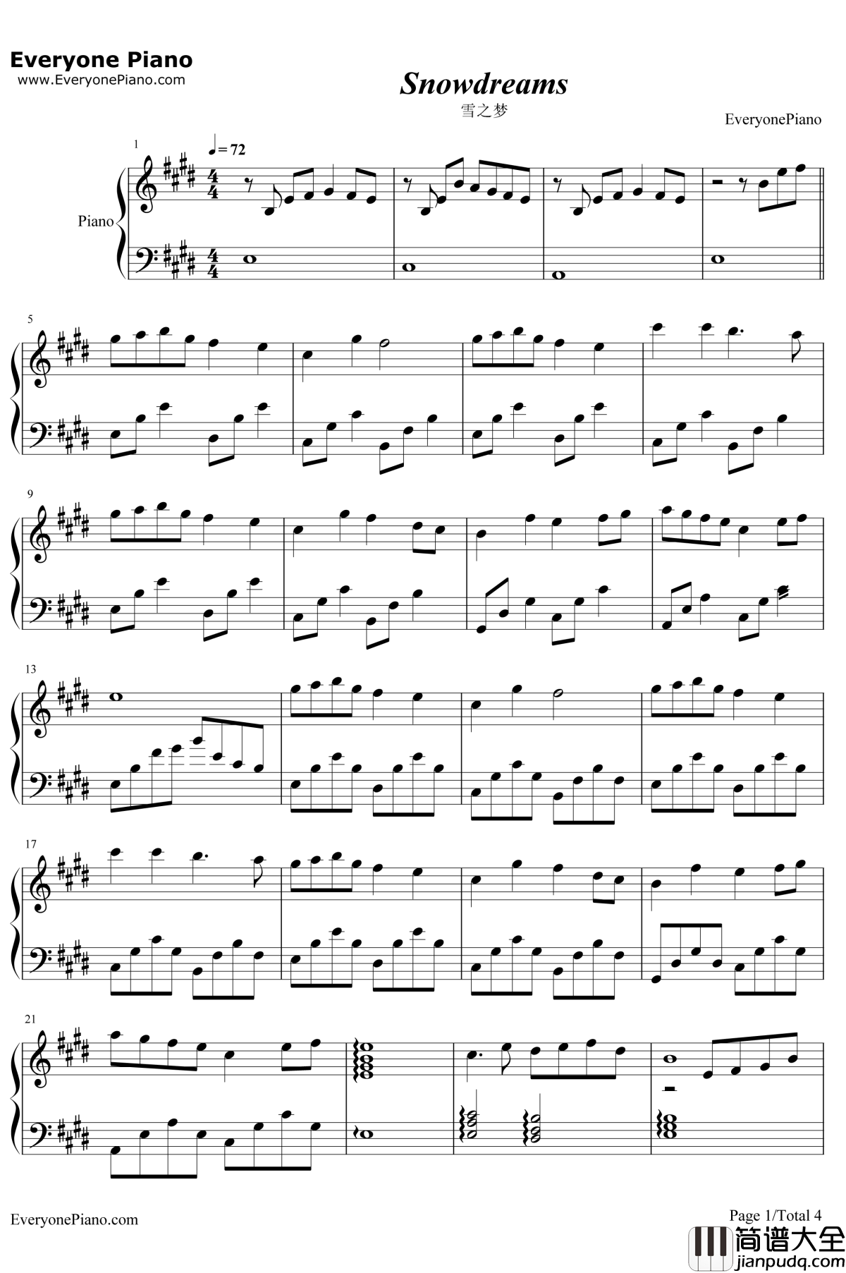 雪之梦钢琴谱_班得瑞Bandari_Snowdreams