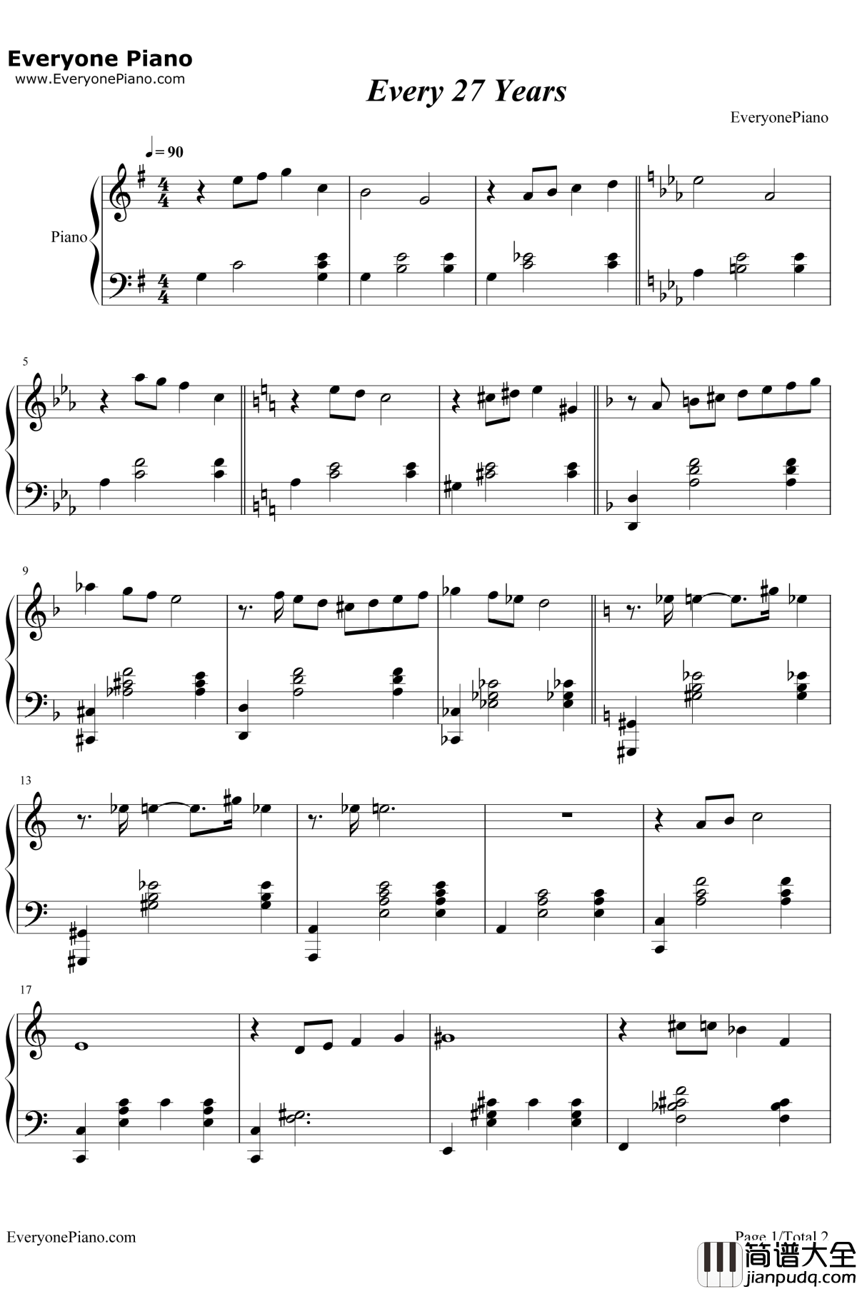 Every_27_Years钢琴谱_BenjaminWallfisch_小丑回魂插曲