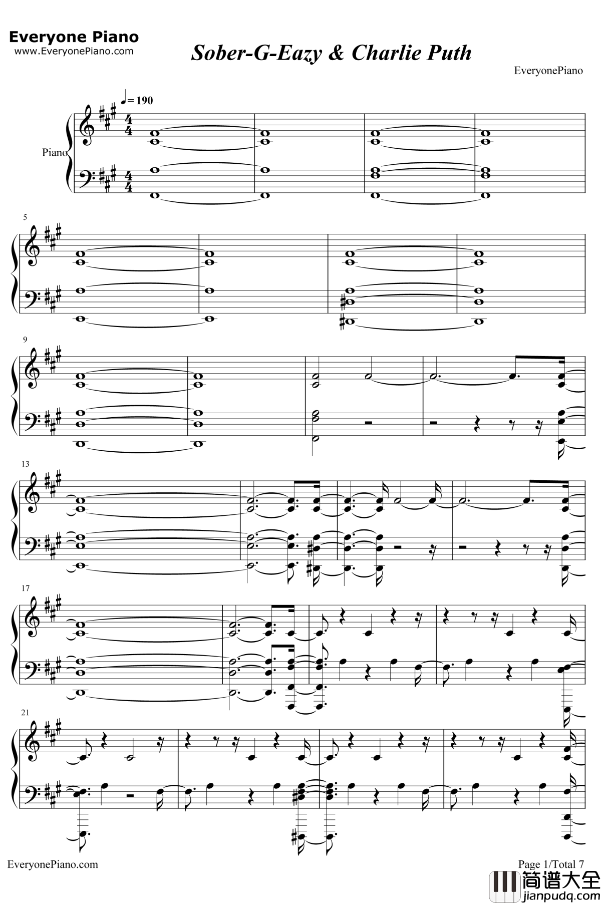Sober钢琴谱_G_Eazy_/_Charlie_Puth