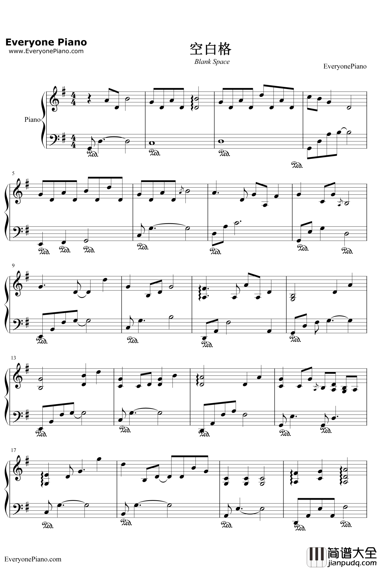 空白格钢琴伴奏钢琴谱_杨宗纬