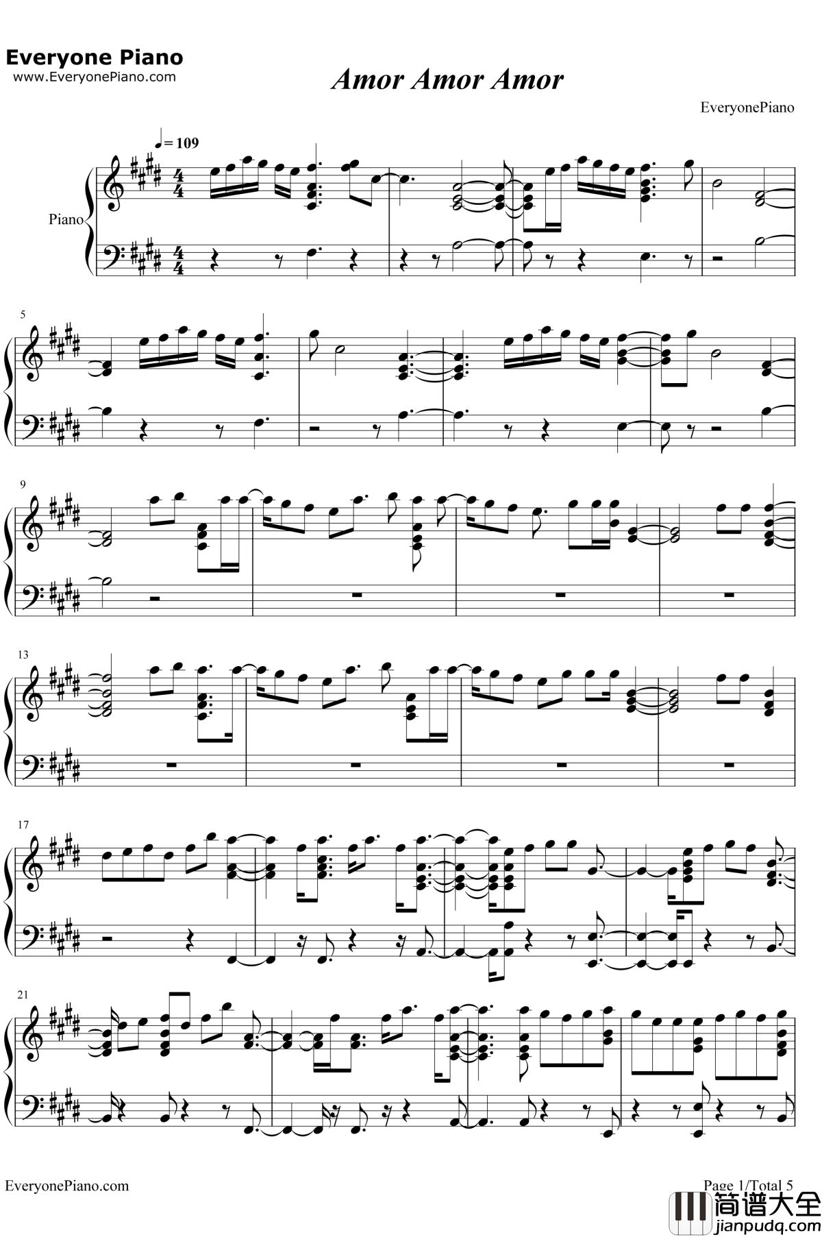 Amor_Amor_Amor钢琴谱_Jennifer_Lopez