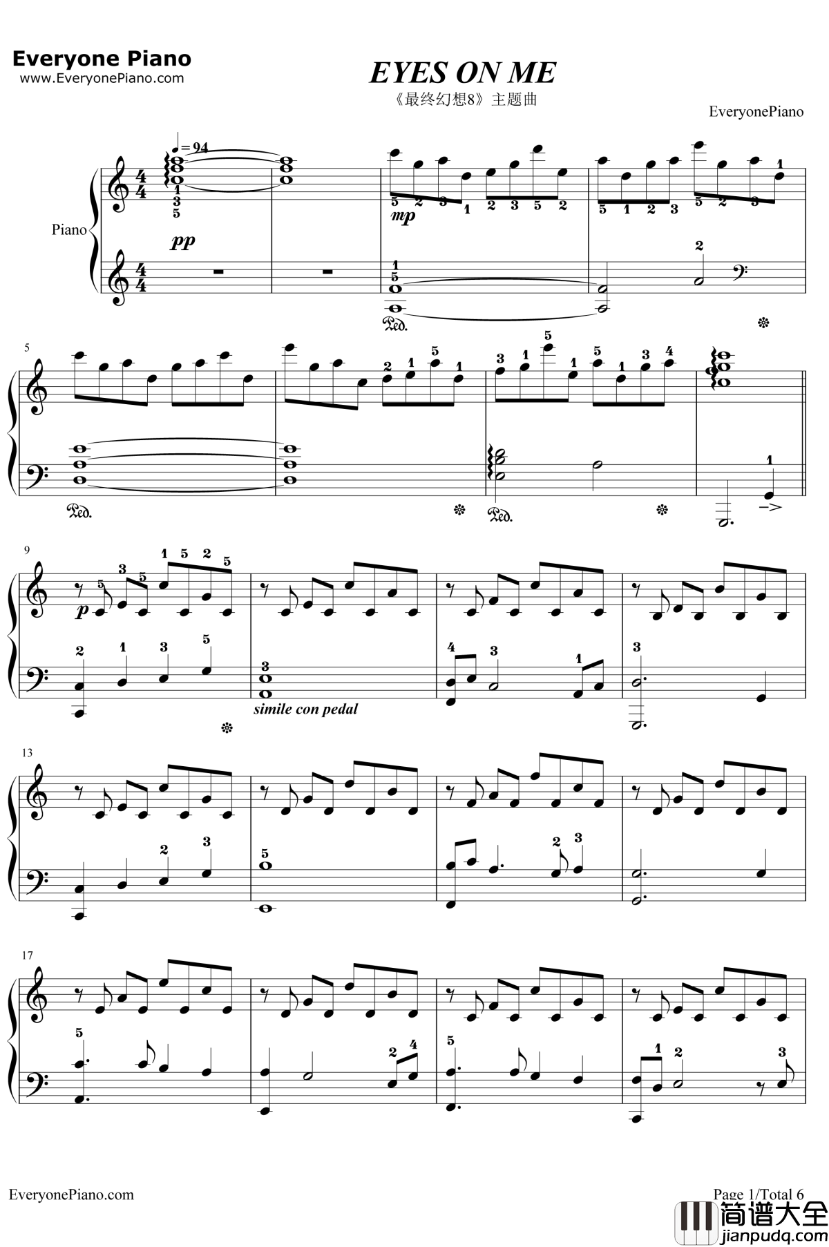 Eyes_On_Me钢琴谱_王菲