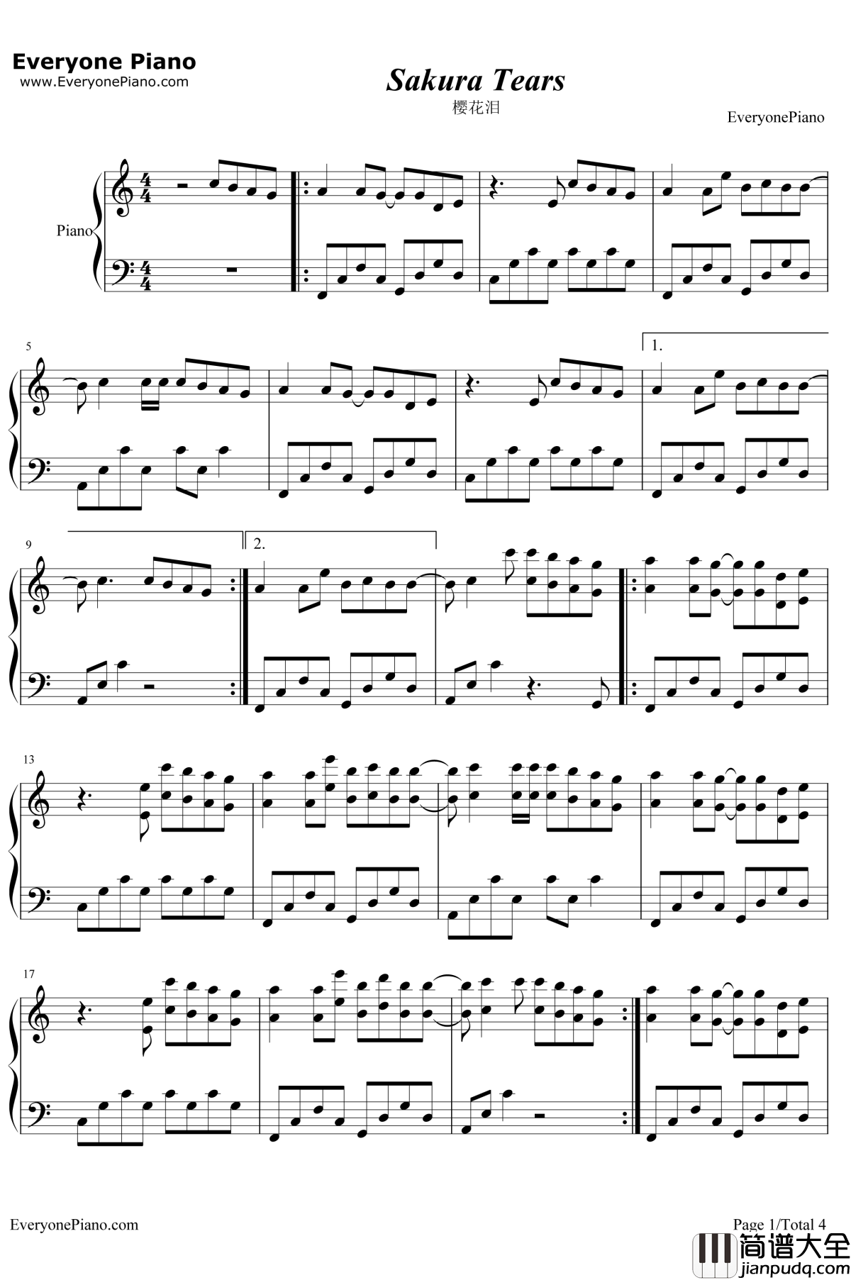 Sakura_Tears钢琴谱_Snigellin