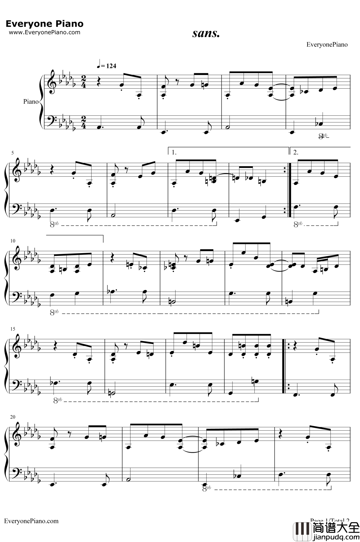 sans钢琴谱_Toby_Fox