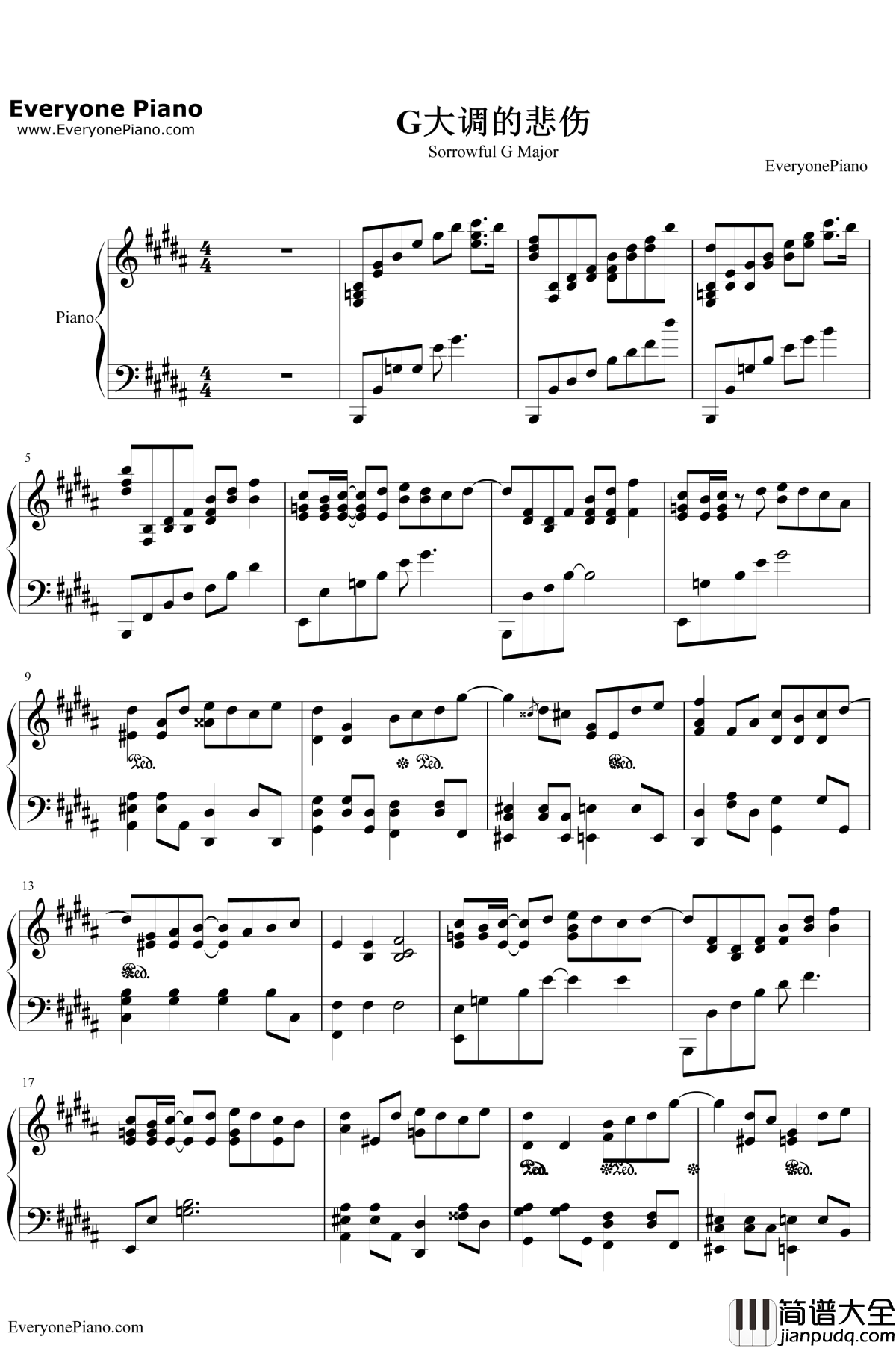 G大调的悲伤钢琴谱_张靓颖