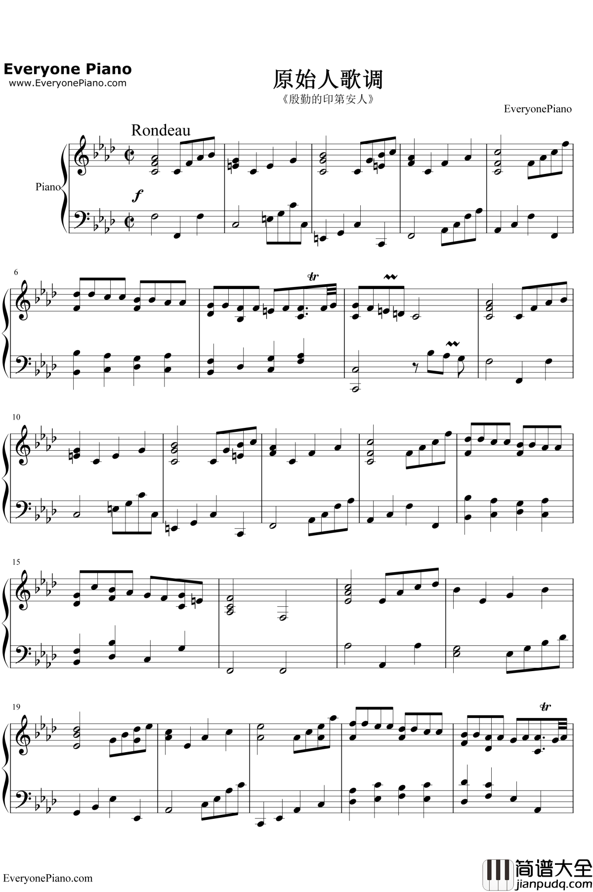 原始人歌调钢琴谱_拉莫