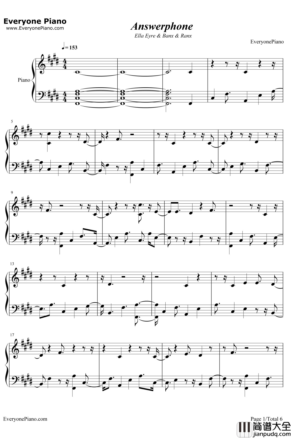 Answerphone钢琴谱_Banx_&_Ranx_/_Ella_Eyre_/_Yxng_Bane
