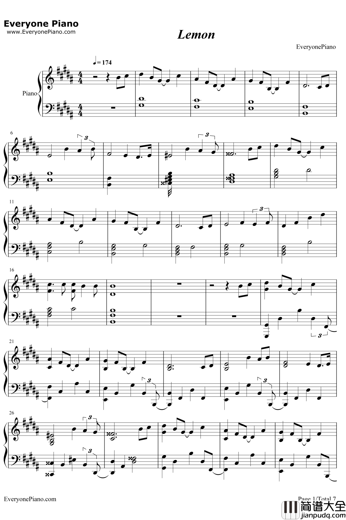 Lemon钢琴谱_米津玄师_Unnatural主题曲