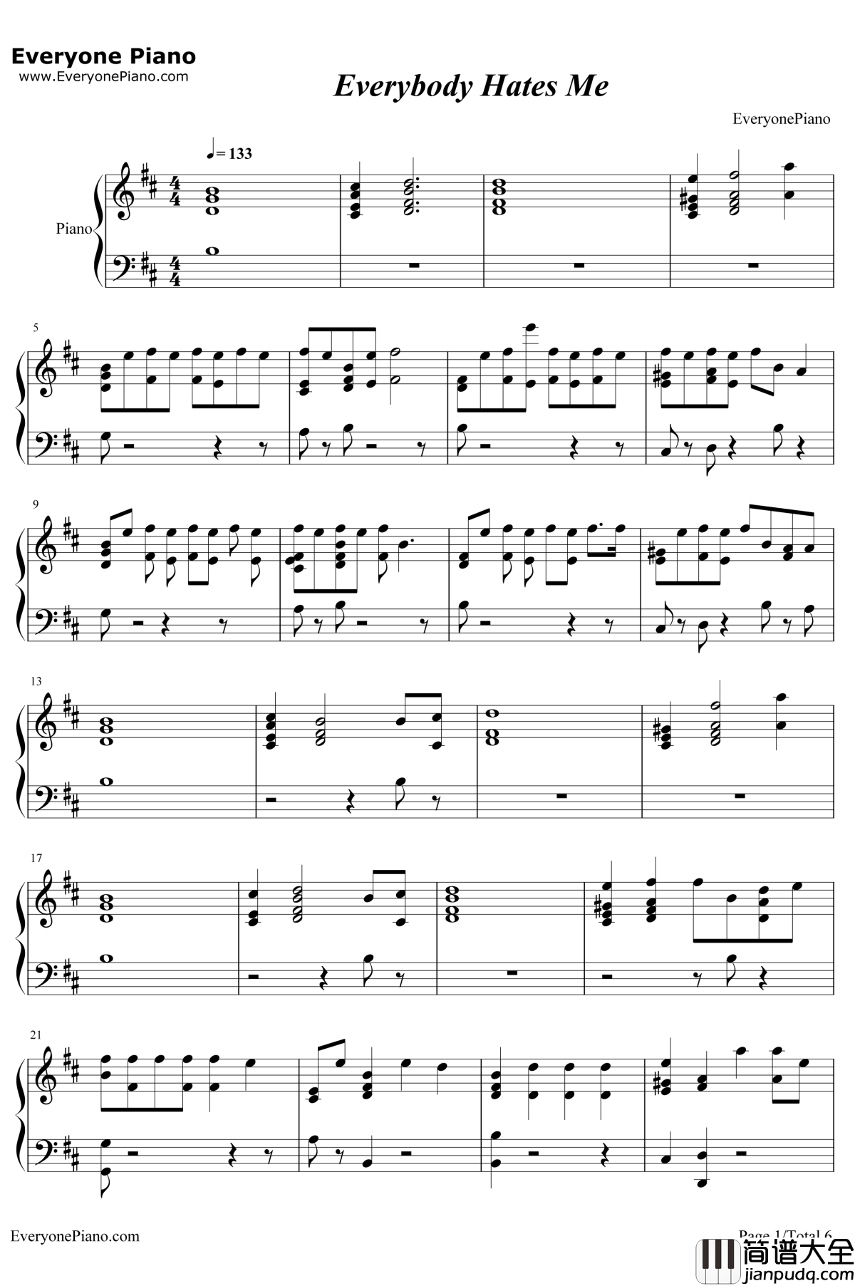 Everybody_Hates_Me钢琴谱_The_Chainsmokers