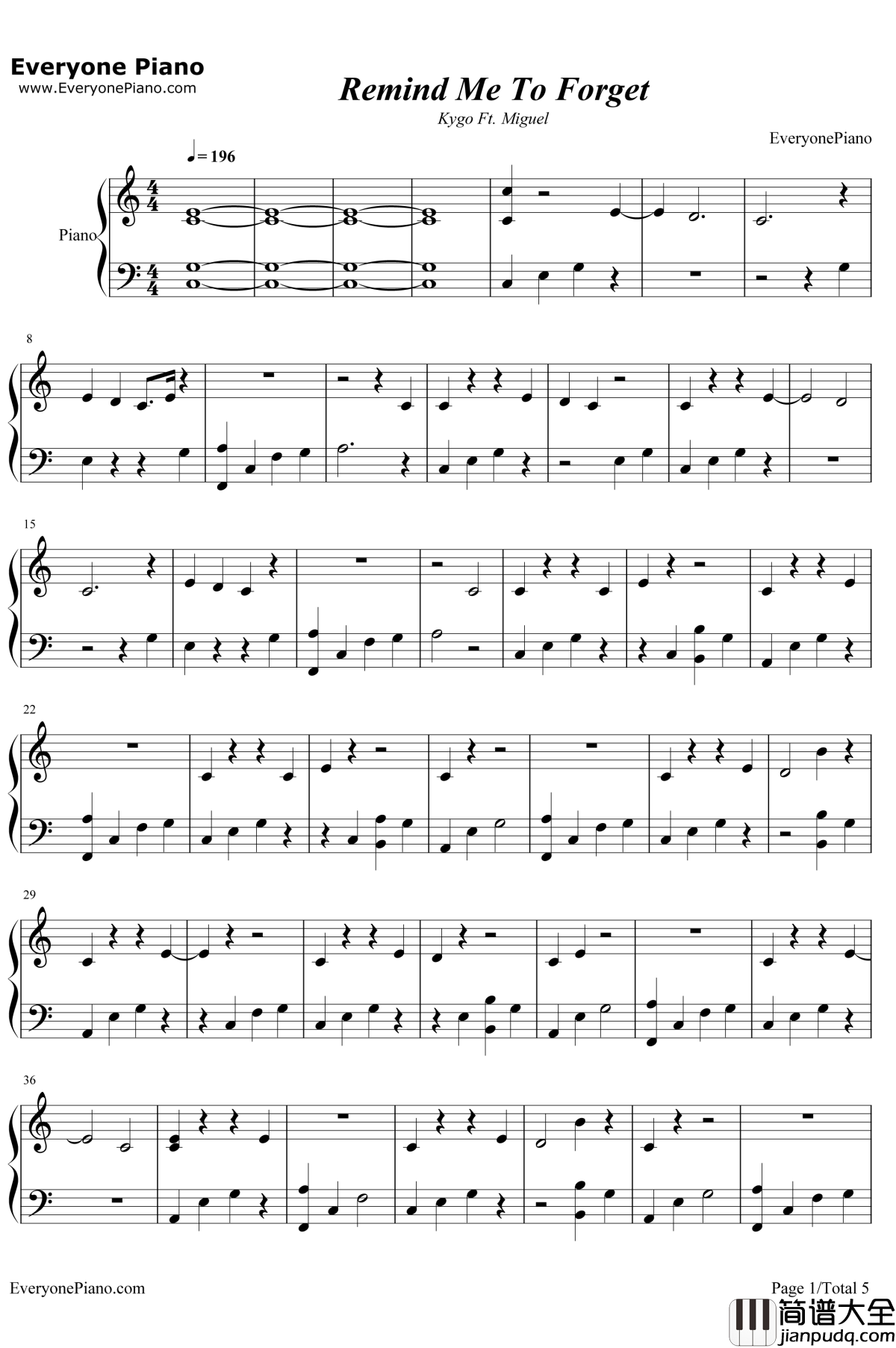 Remind_Me_To_Forget钢琴谱_Kygo_/_Miguel