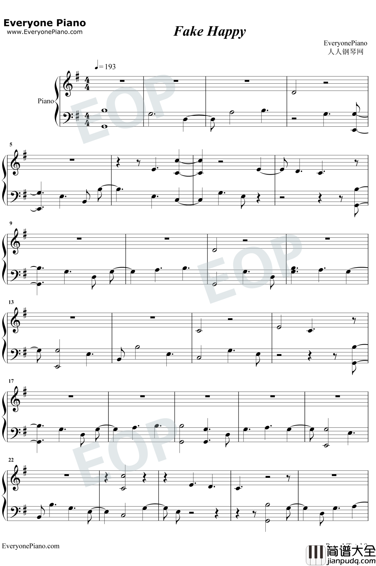 Fake_Happy钢琴谱_Paramore