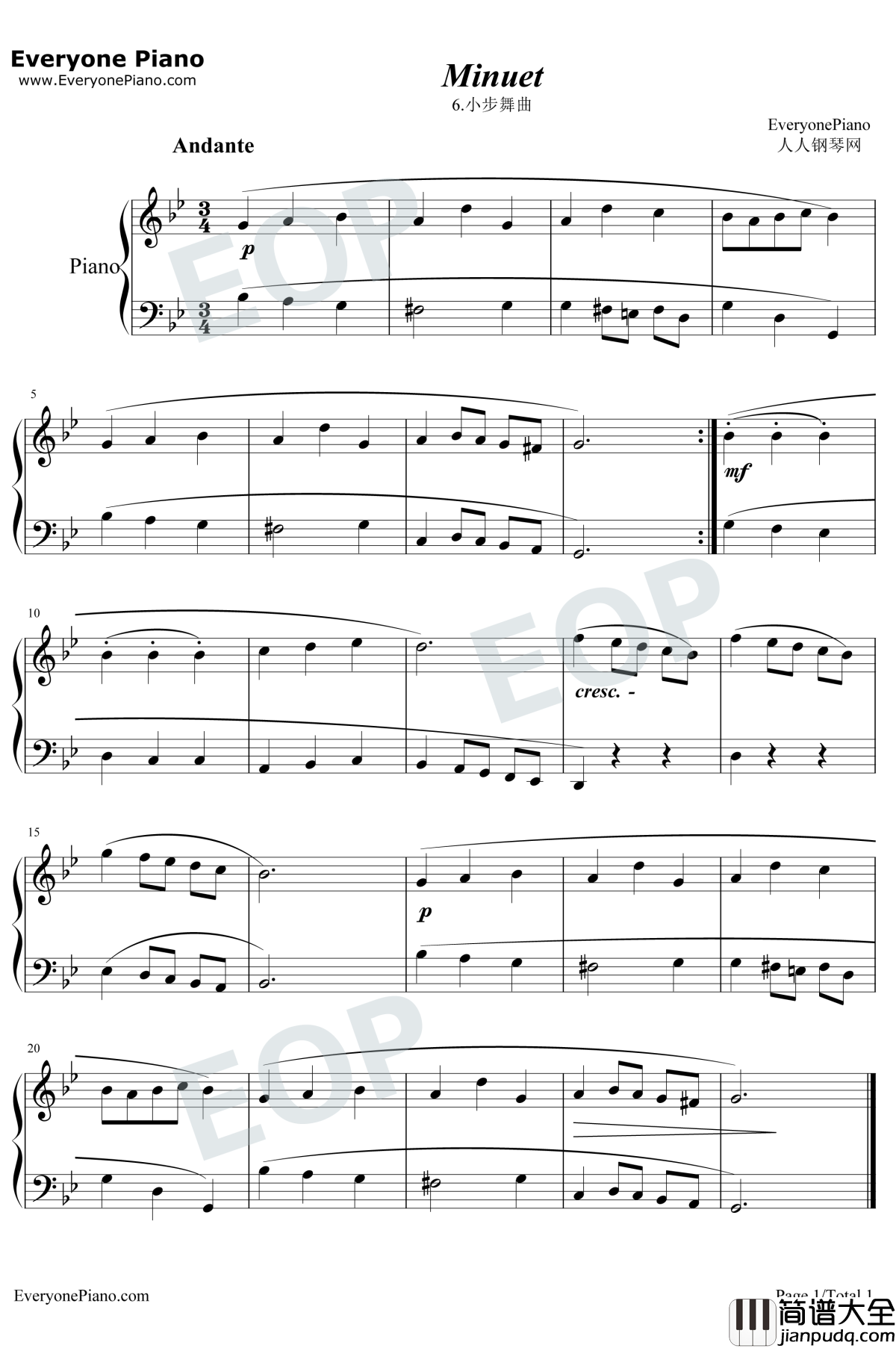 小步舞曲6钢琴谱_巴赫
