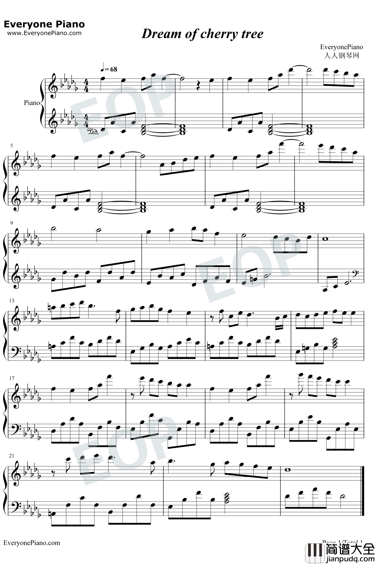 Dream_Of_Cherry_Tree钢琴谱_猫野こめっと_游戏初音岛OST