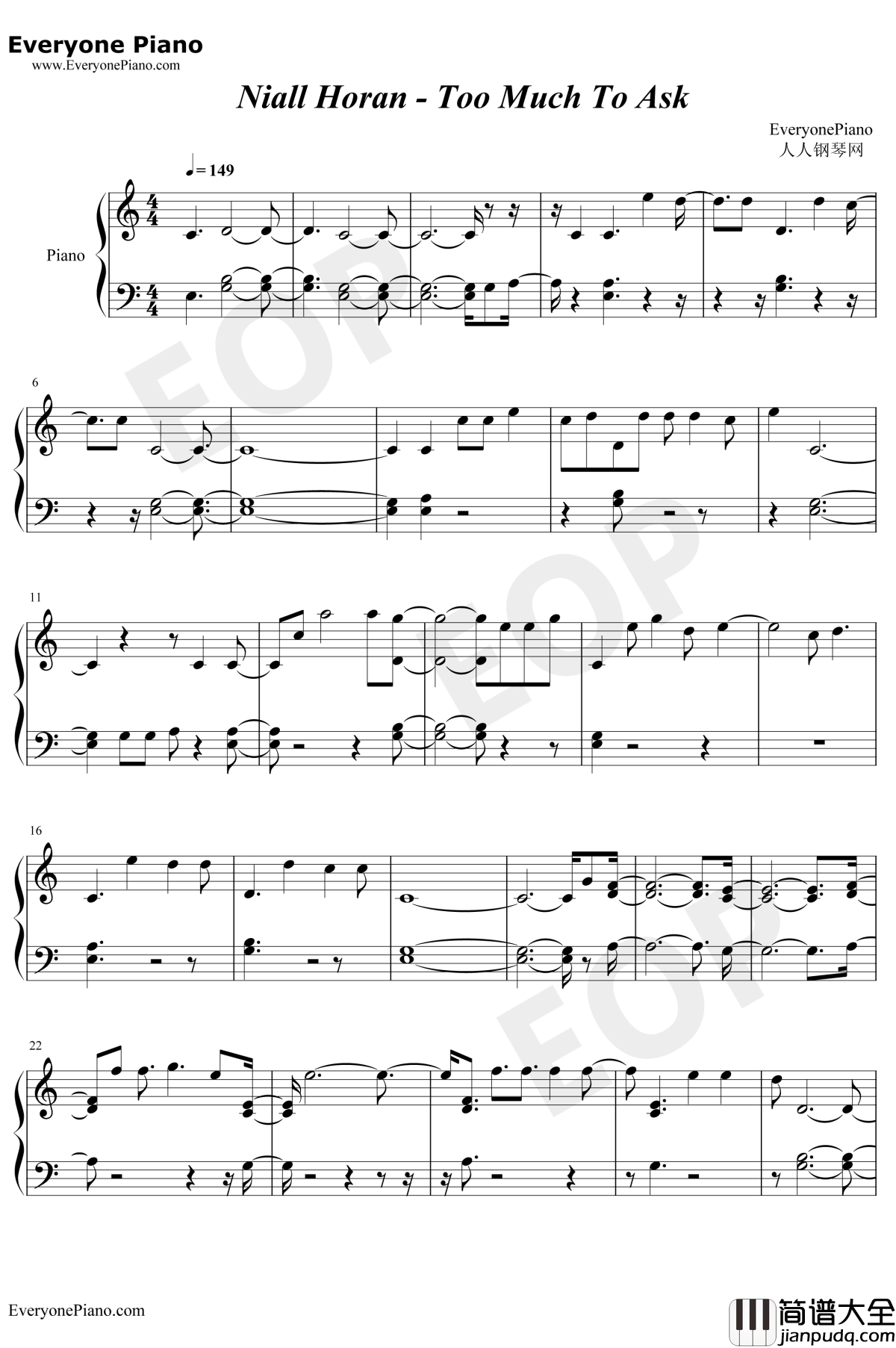 Too_Much_To_Ask钢琴谱_Niall_Horan