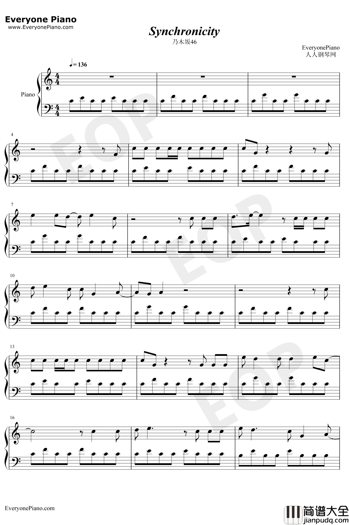 シンクロニシティ钢琴谱_乃木坂46