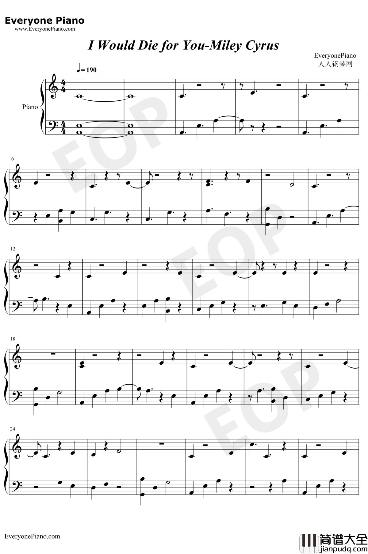 I_Would_Die_for_You钢琴谱_Miley_Cyrus