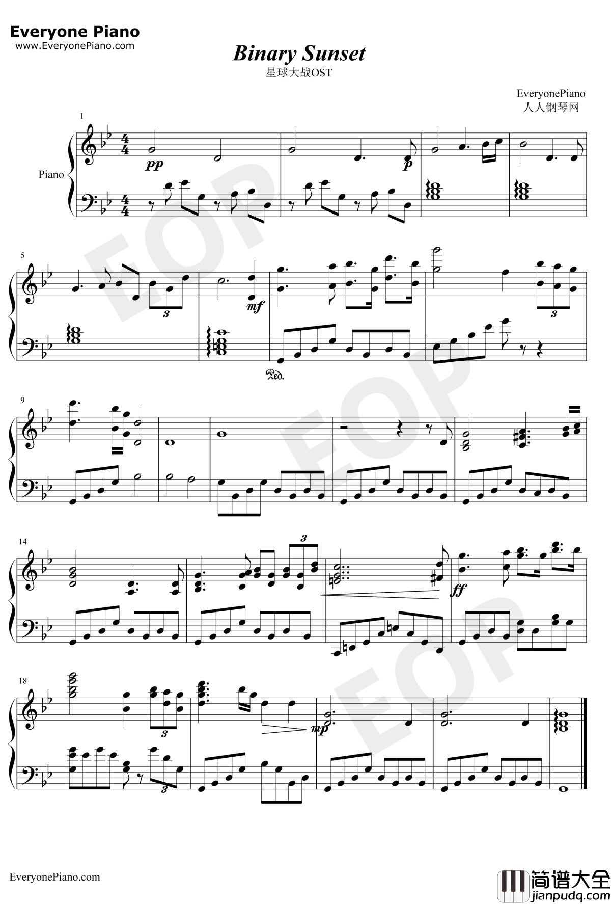 Binary_Sunset钢琴谱_John_Williams_星球大战OST