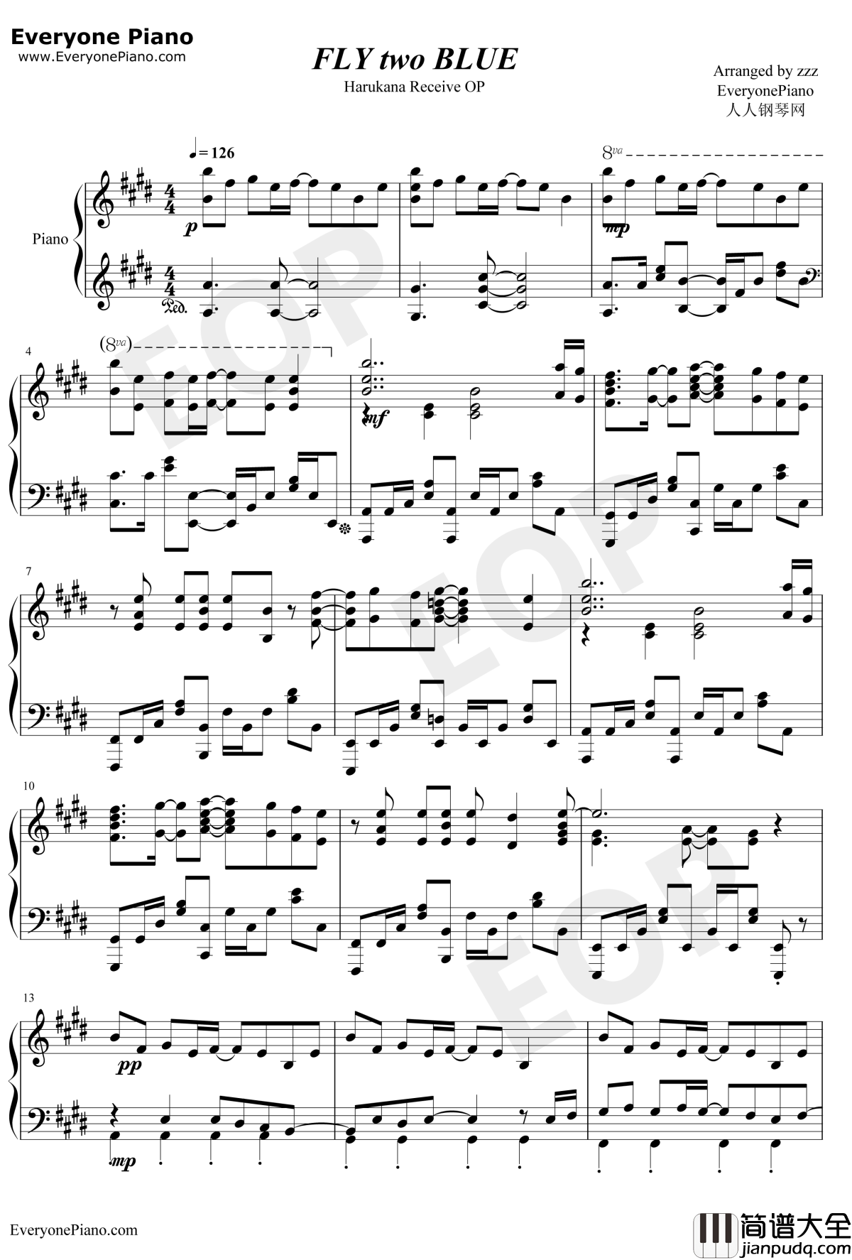 FLY_two_BLUE钢琴谱_优木加奈宫下早纪