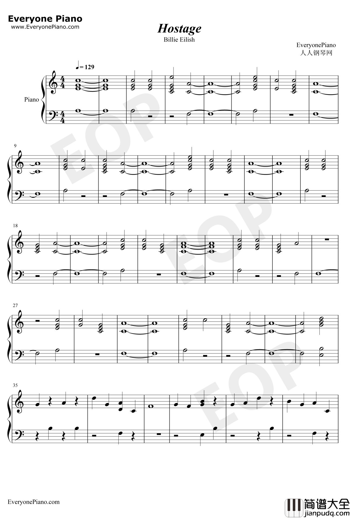 Hostage钢琴谱_Billie_Eilish