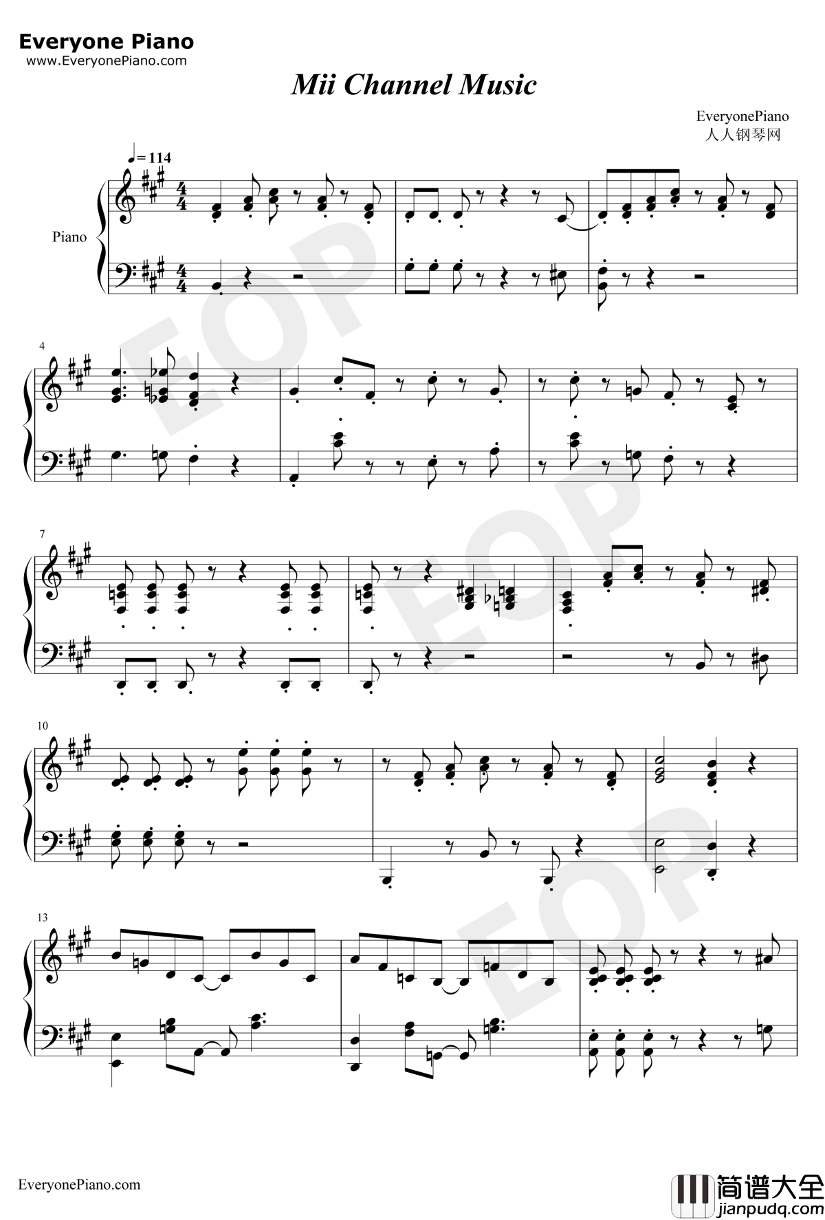 Mii_Channel钢琴谱_Kazumi_Totaka_任天堂明星大乱斗X原声音乐