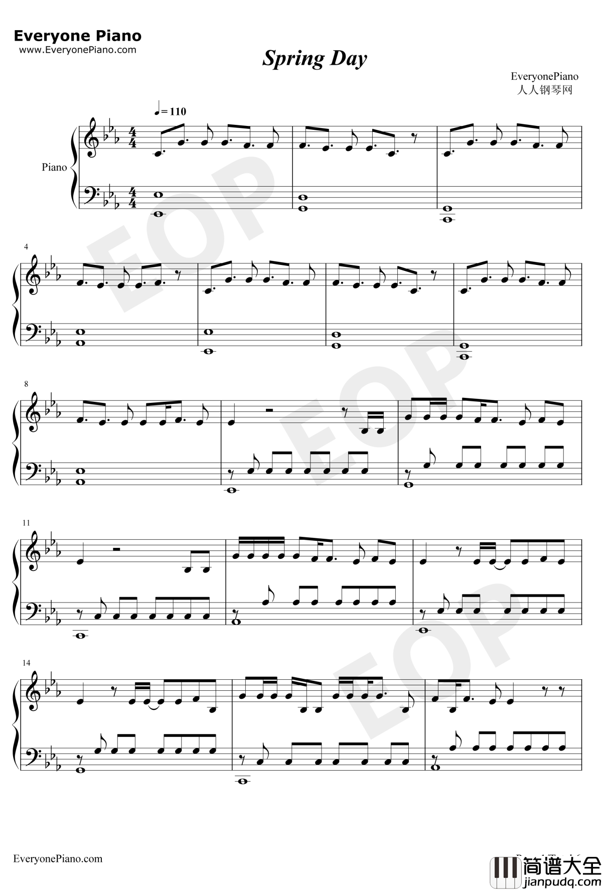 Spring_Day钢琴谱_防弹少年团