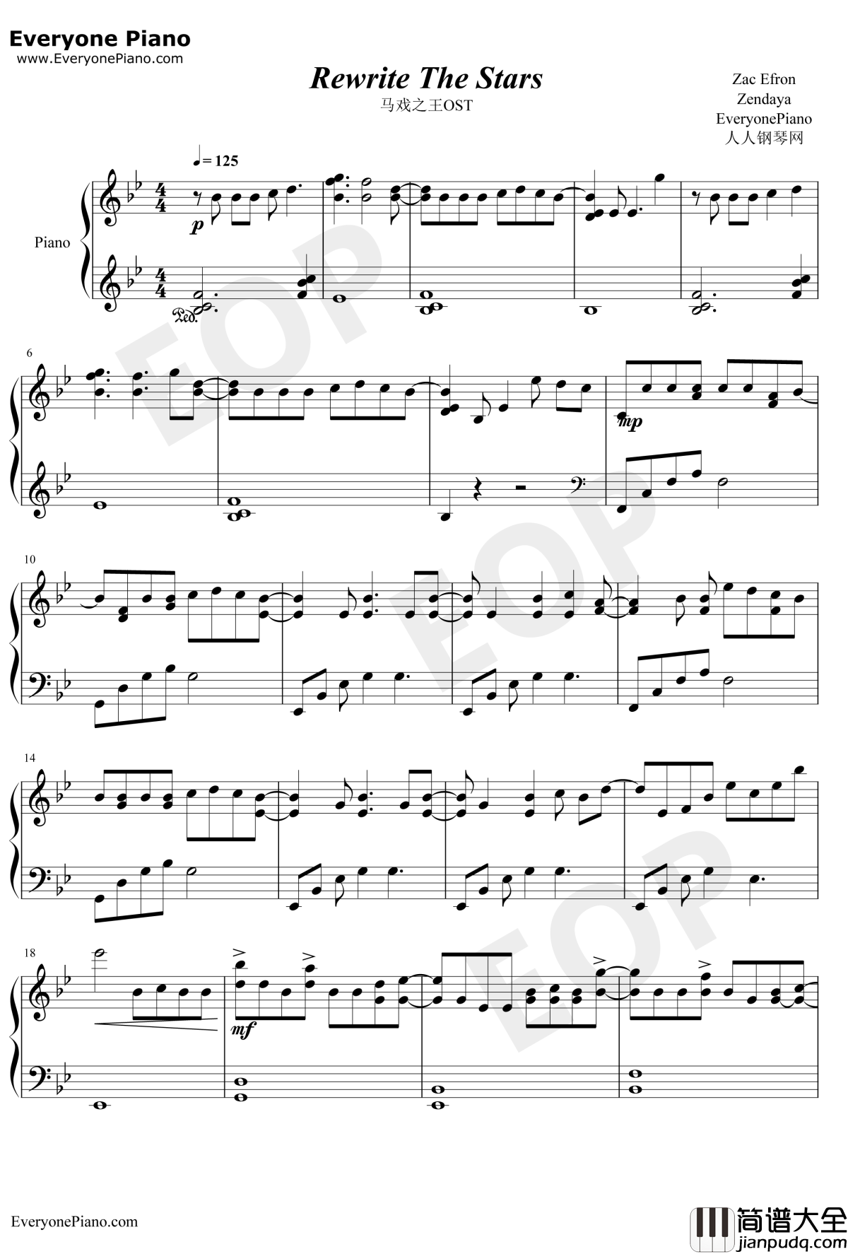 Rewrite_The_Stars钢琴谱_Zac_Efron/Zendaya_马戏之王OST