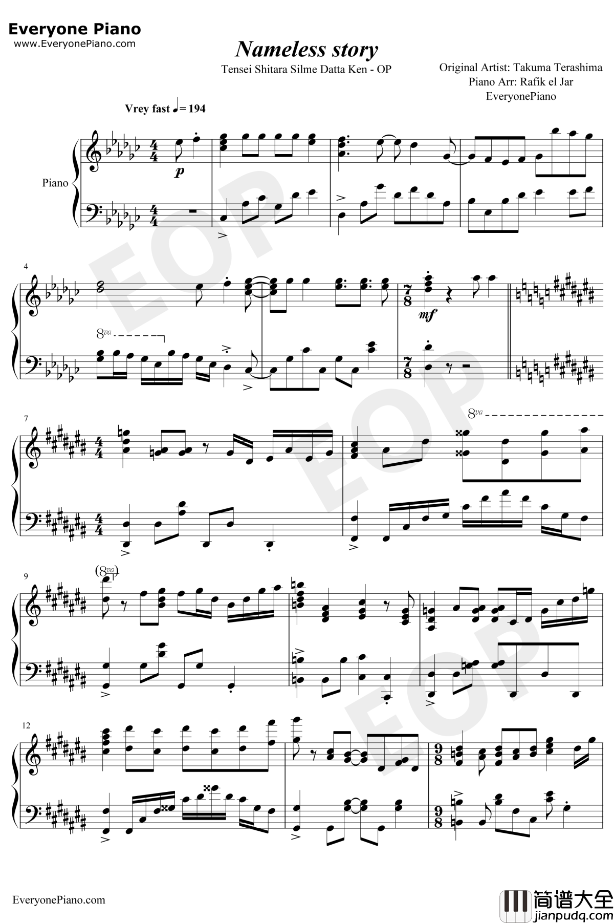 Nameless_Story钢琴谱_寺岛拓笃