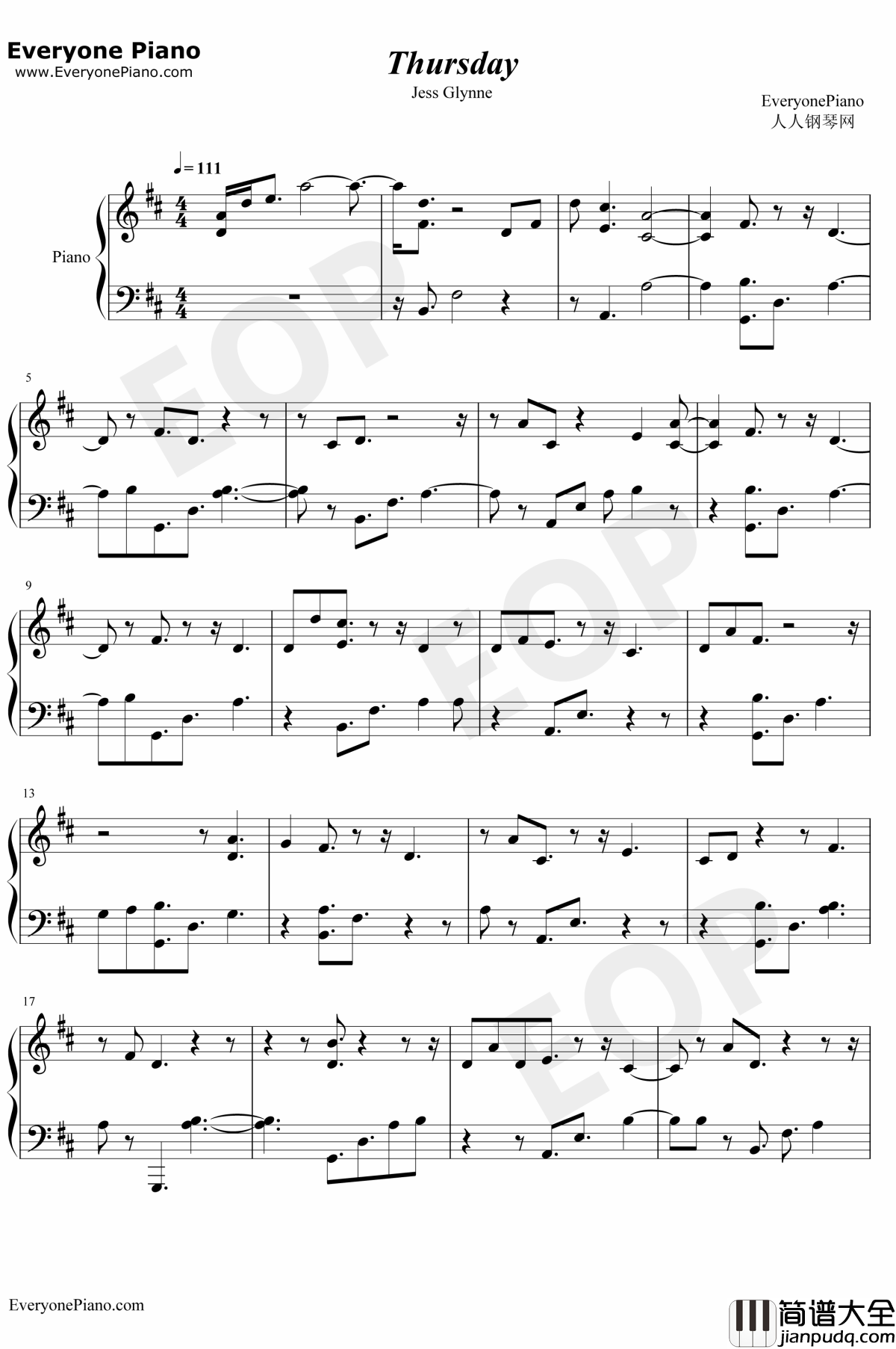 Thursday钢琴谱_JessGlynne_JessGlynne