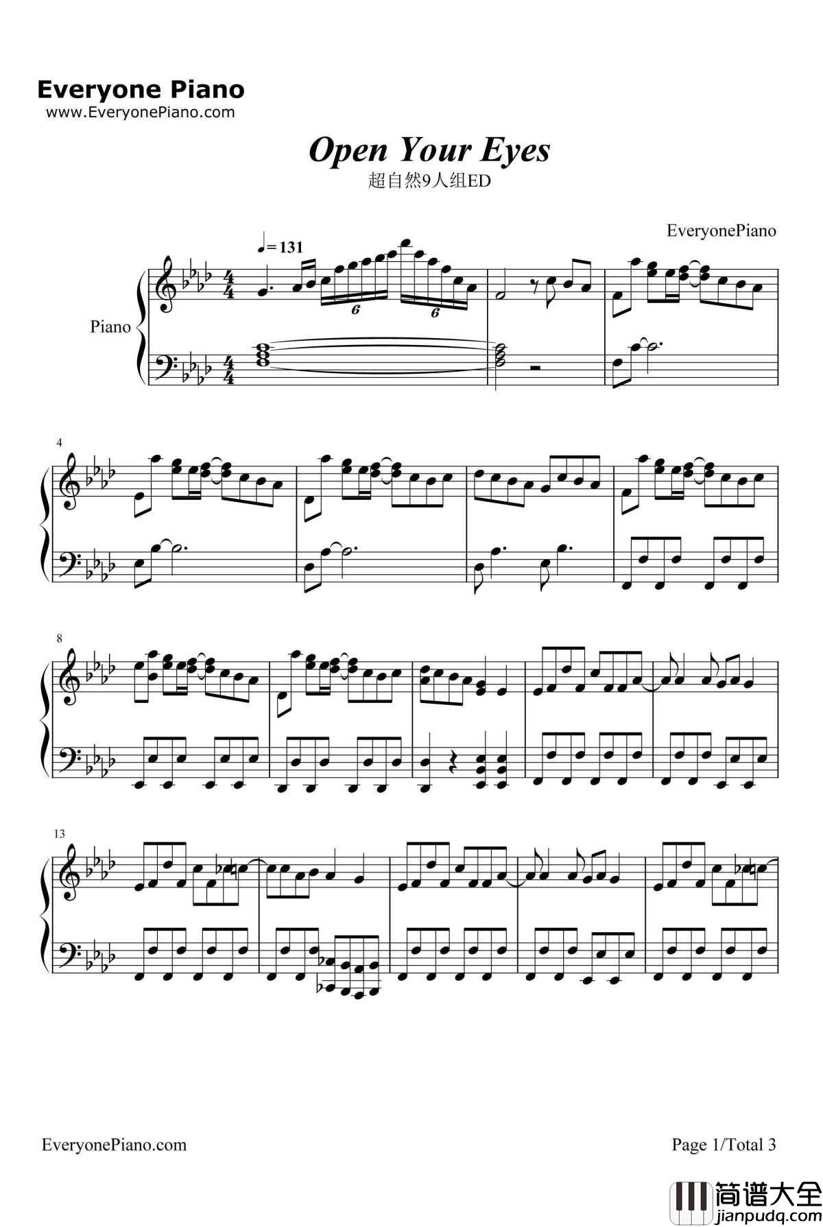 Open_Your_Eyes钢琴谱_亚咲花_超自然9人组ED