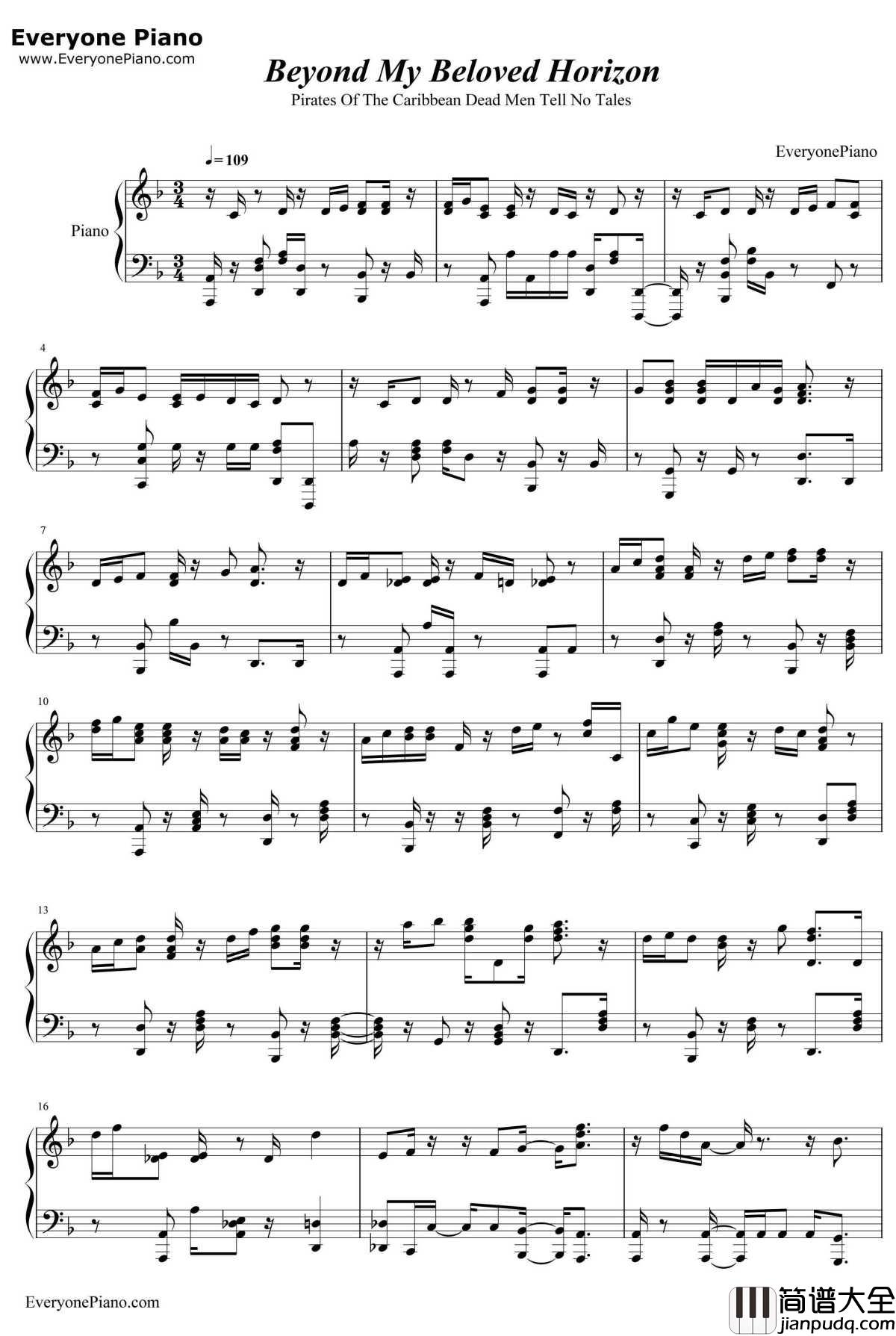 Beyond_My_Beloved_Horizon钢琴谱_HansZimmer&KlausBadelt_加勒比海盗5:死无对证