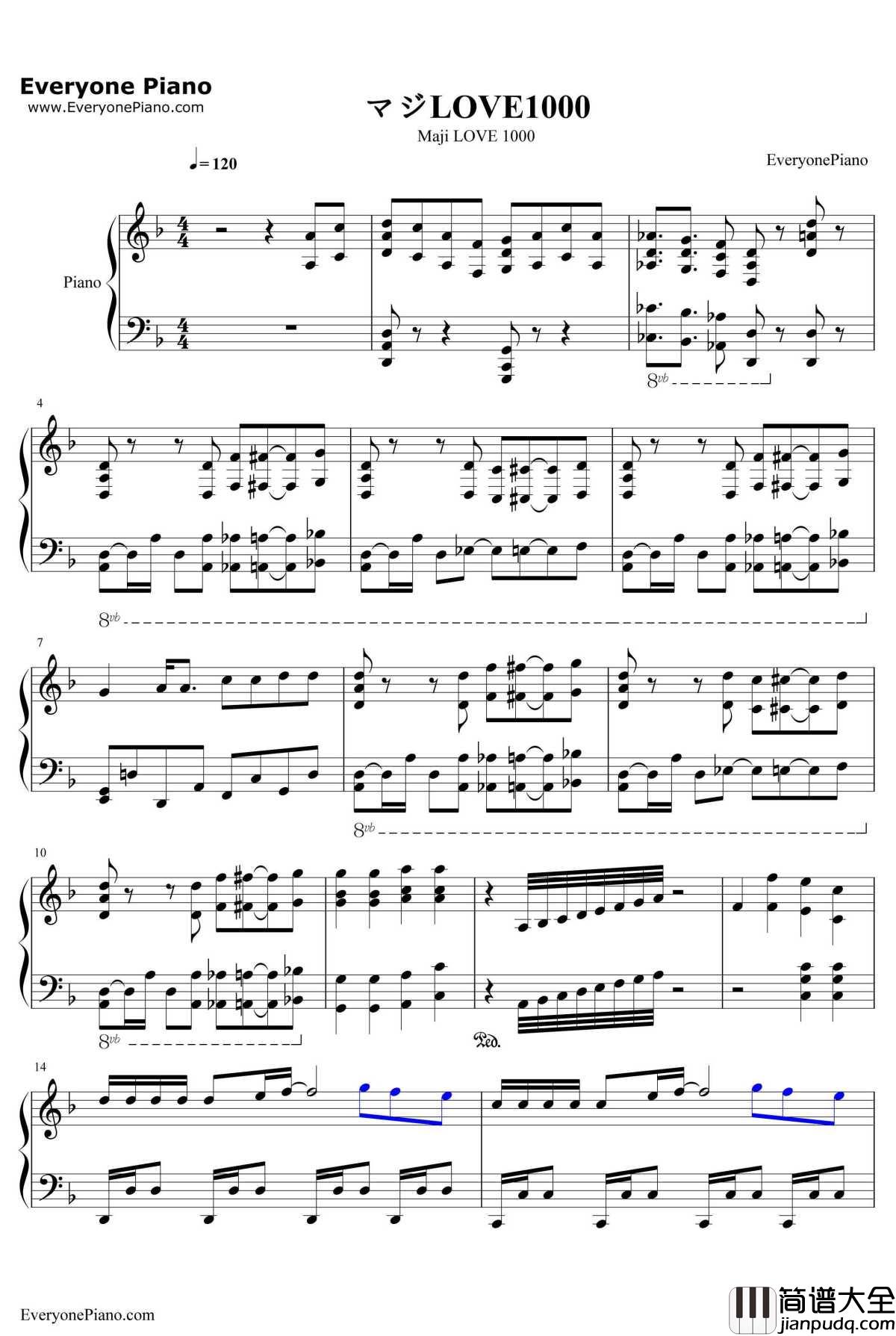 マジLOVE1000钢琴谱_ST☆RISH_歌之王子殿下ED