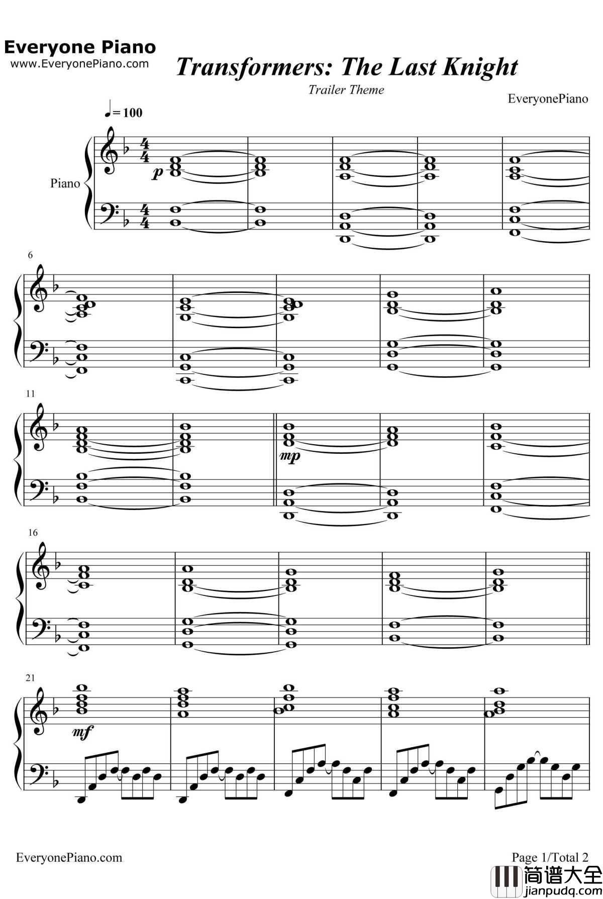 变形金刚5最后的骑士TrailerTheme钢琴谱_SteveJablonsky_变形金刚5最后的骑士