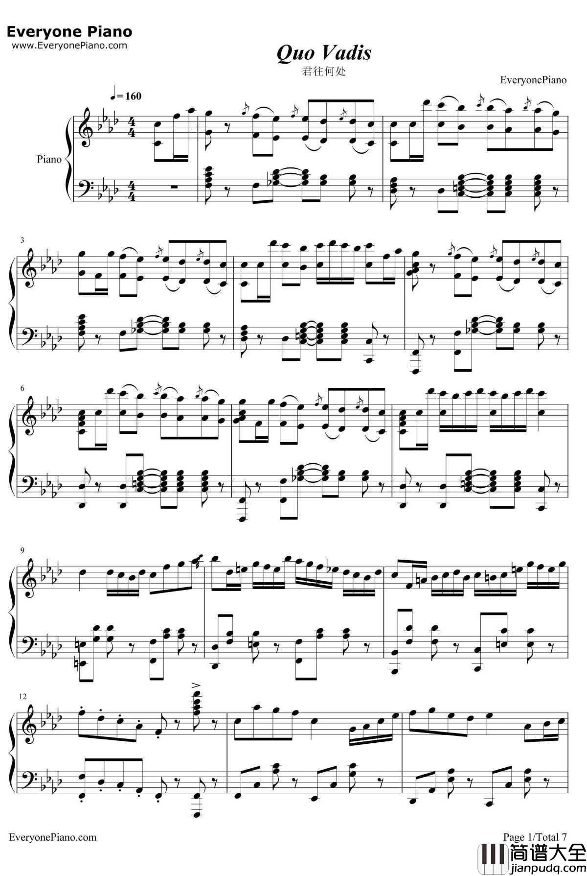君往何处钢琴谱_M2U_QuoVadis_节奏大师精选曲目