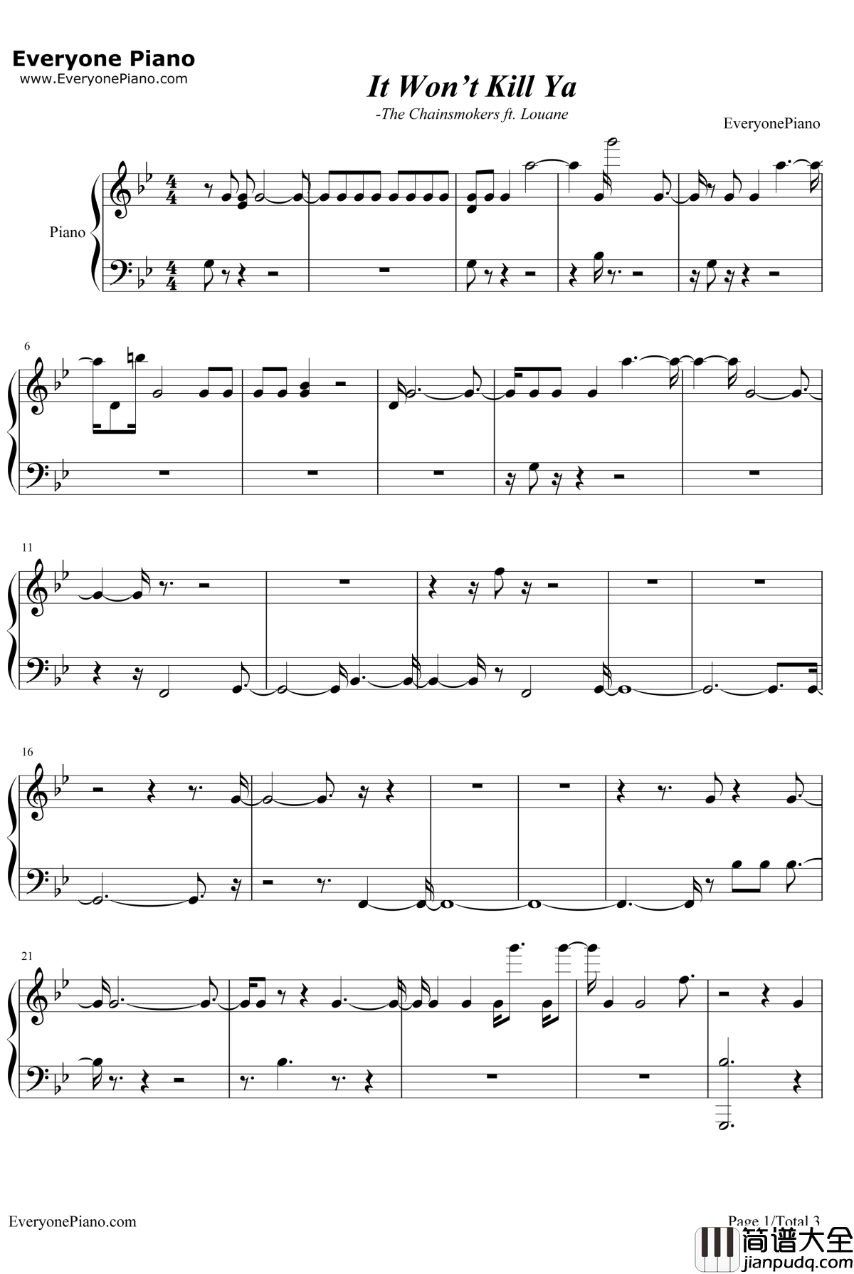 It_Won't_Kill_Ya钢琴谱_TheChainsmokersft.Louane