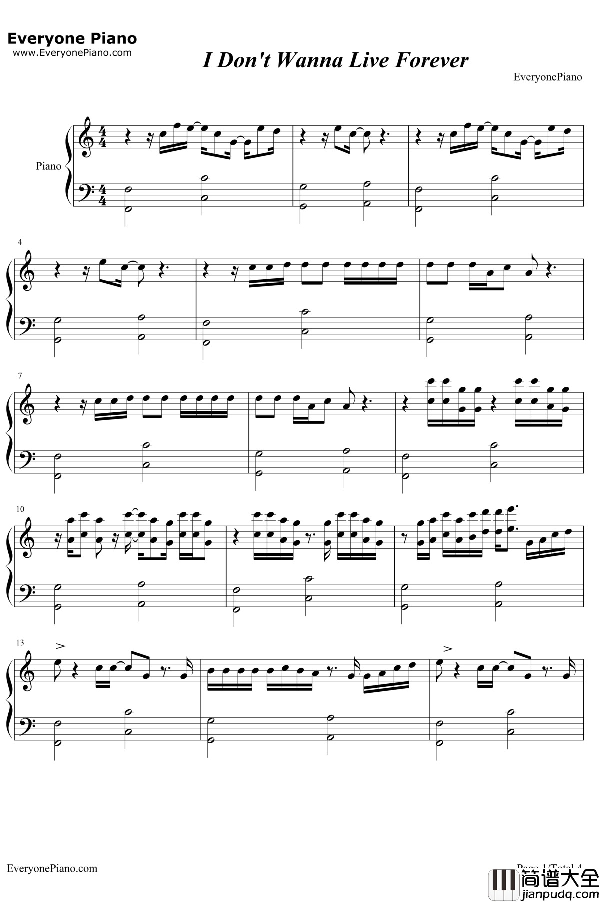 I_Don't_Wanna_Live_Forever钢琴谱_ZaynTaylorSwift_五十度黑主题曲