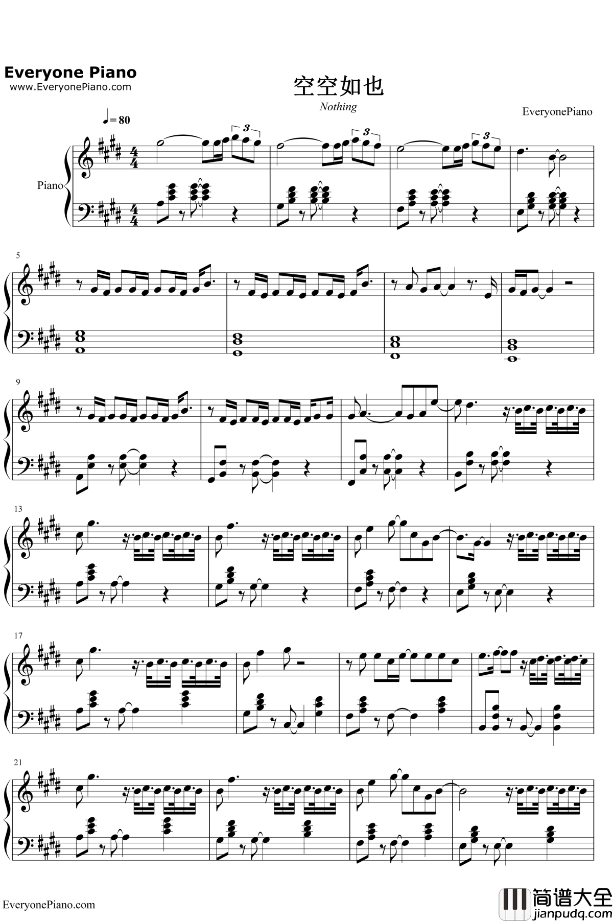 空空如也钢琴谱_胡66