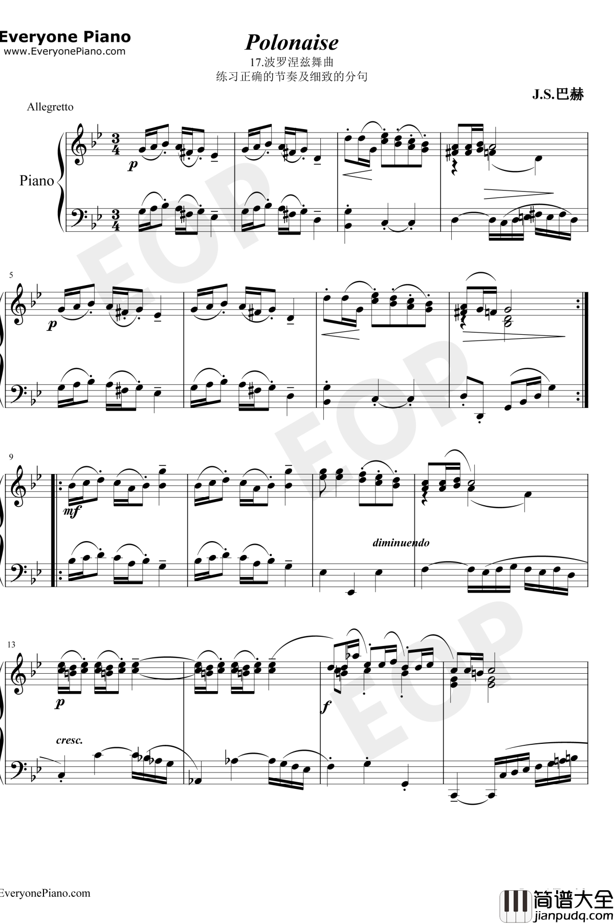 波罗涅兹舞曲17钢琴谱_巴赫_巴赫初级钢琴曲集