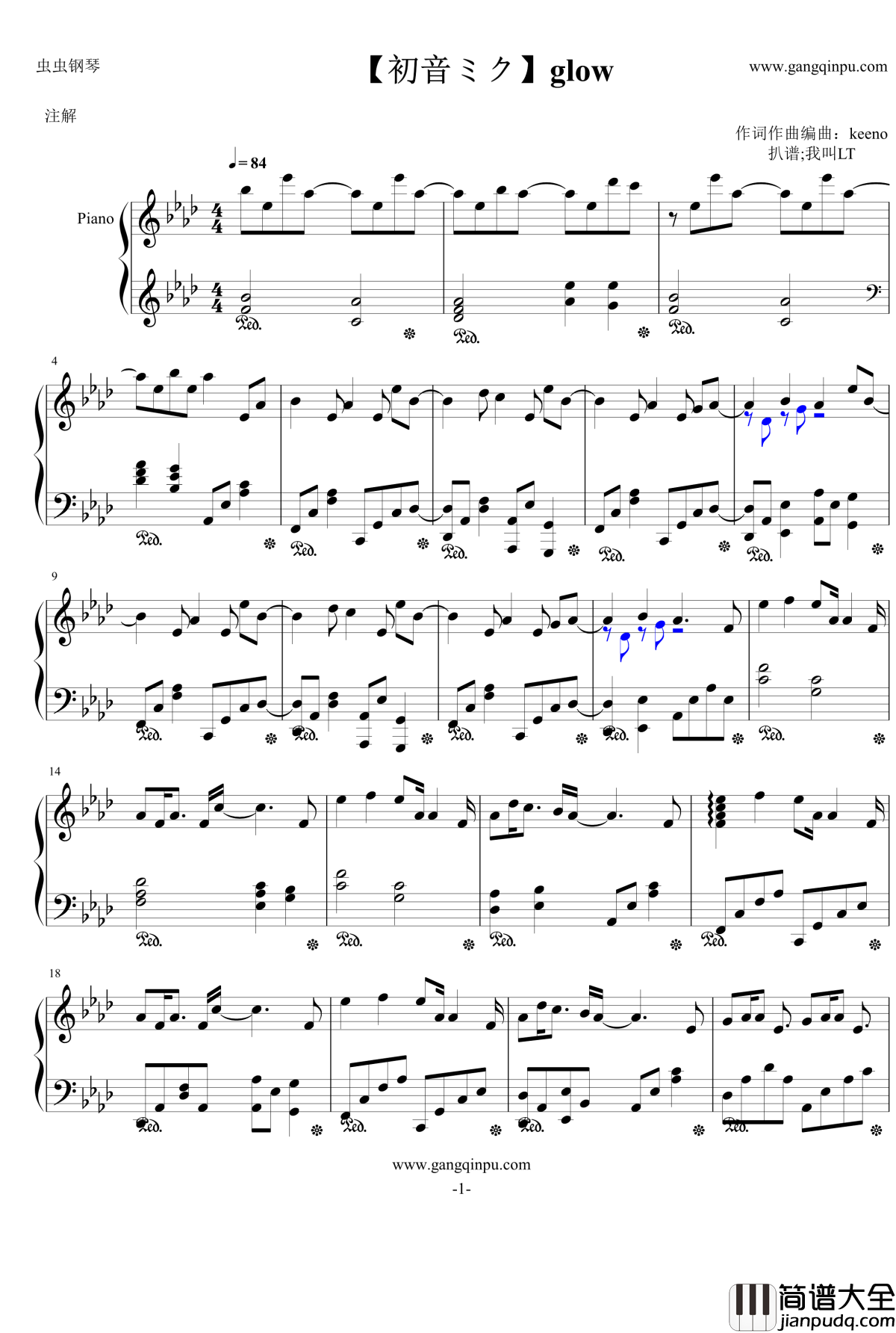 glow钢琴谱_初音ミク_初音未来