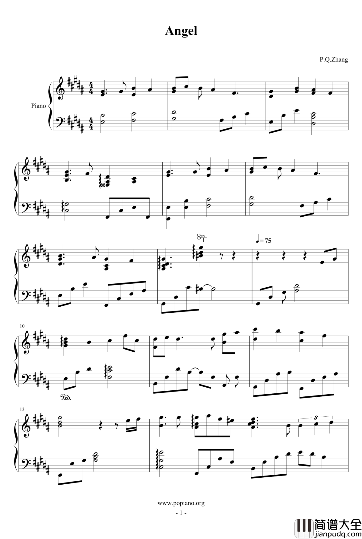 Angel钢琴谱_钢琴张