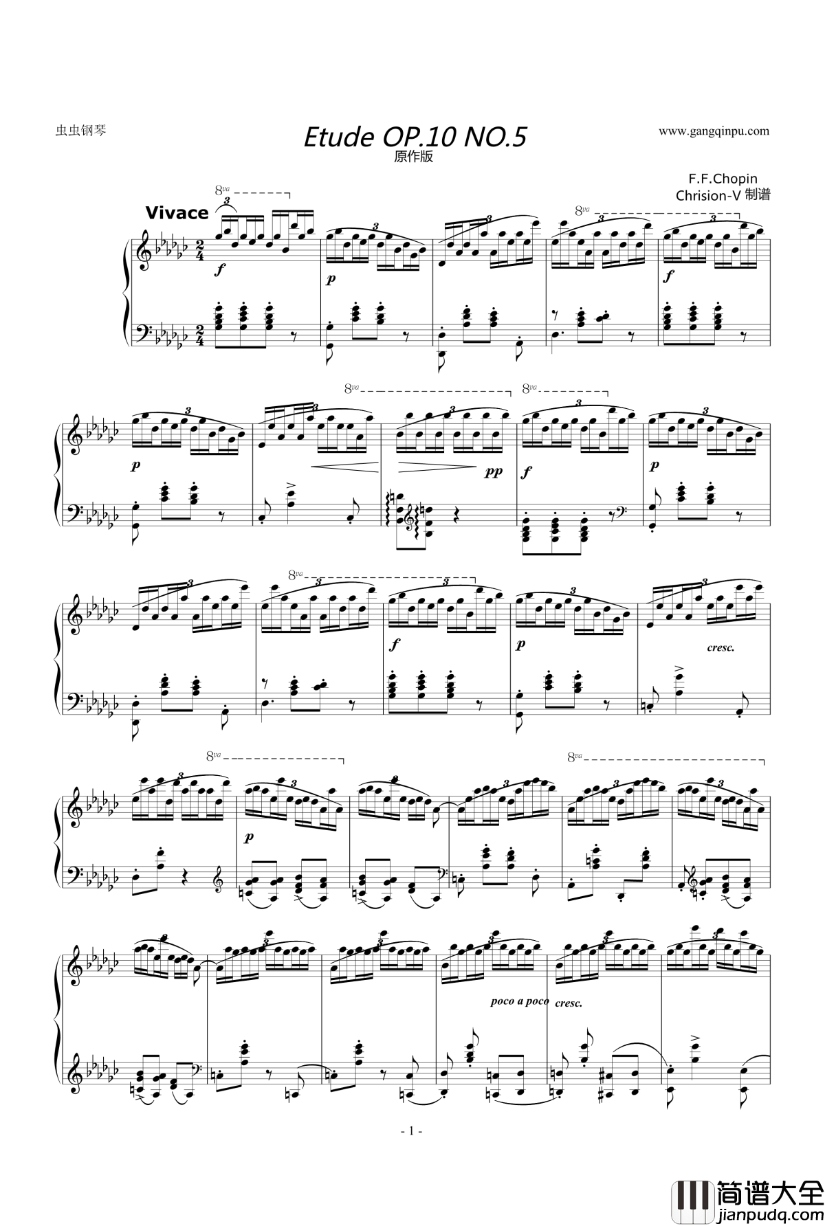 肖邦练习曲钢琴谱_Etude_OP.10_No.5_黑键_肖邦_chopin