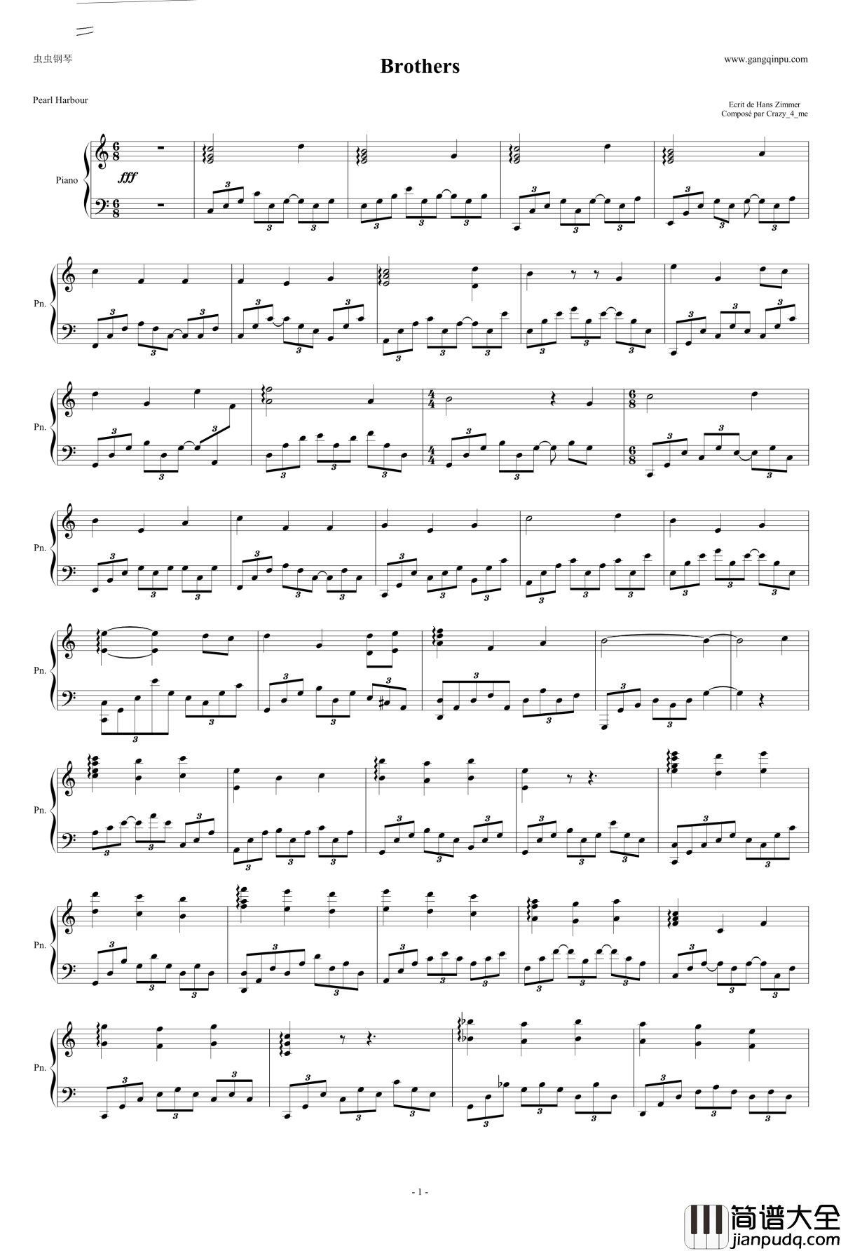 Brothers钢琴谱_珍珠港_Hanz_Zimmer