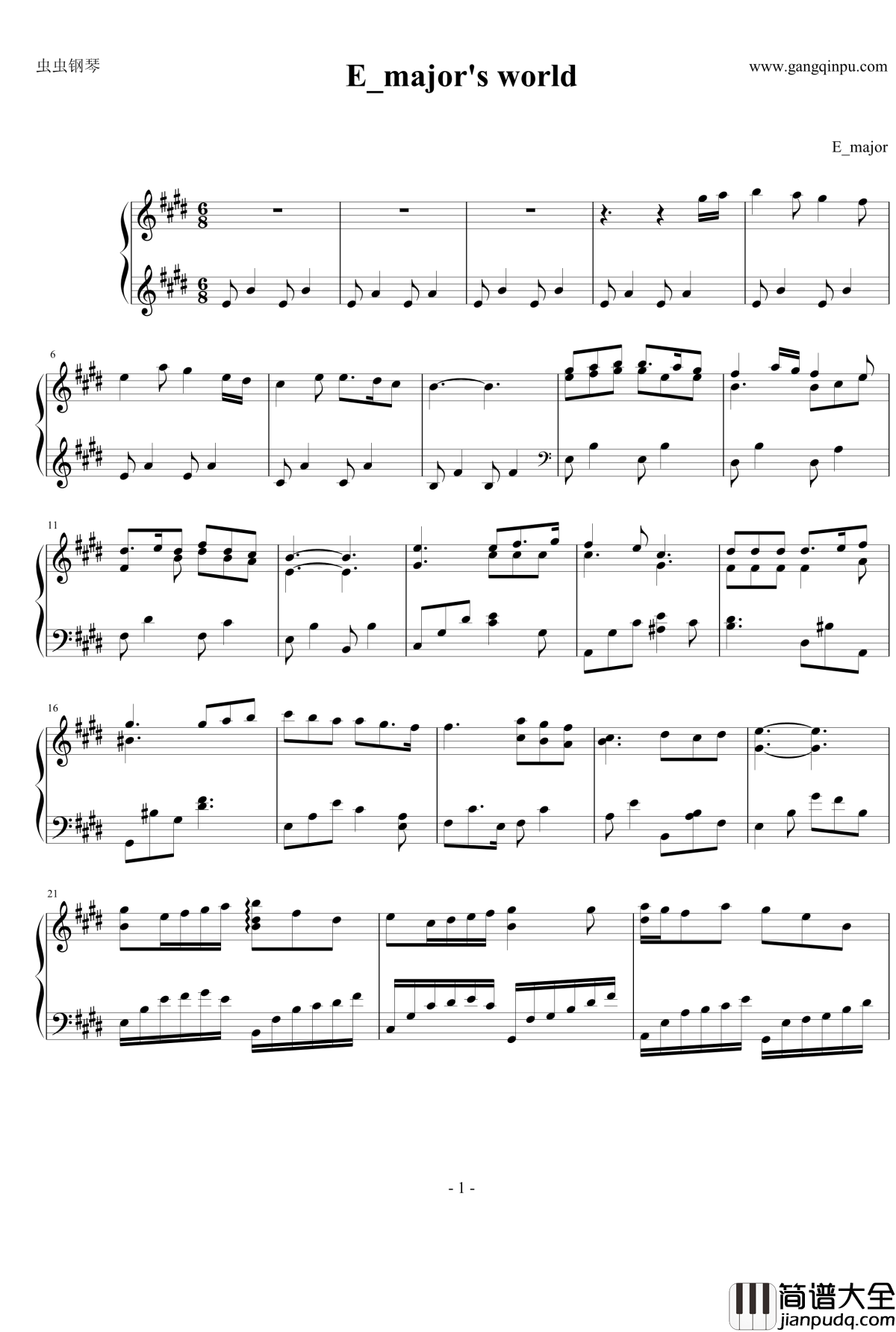 E_majors_world钢琴谱_E大调的天空
