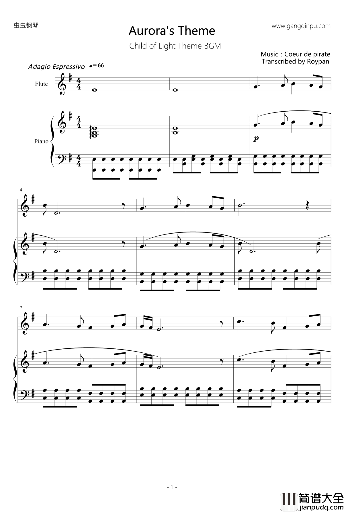 Aurora‘s_Theme钢琴谱_育碧新作_光之子_BGM_Child_of_Light