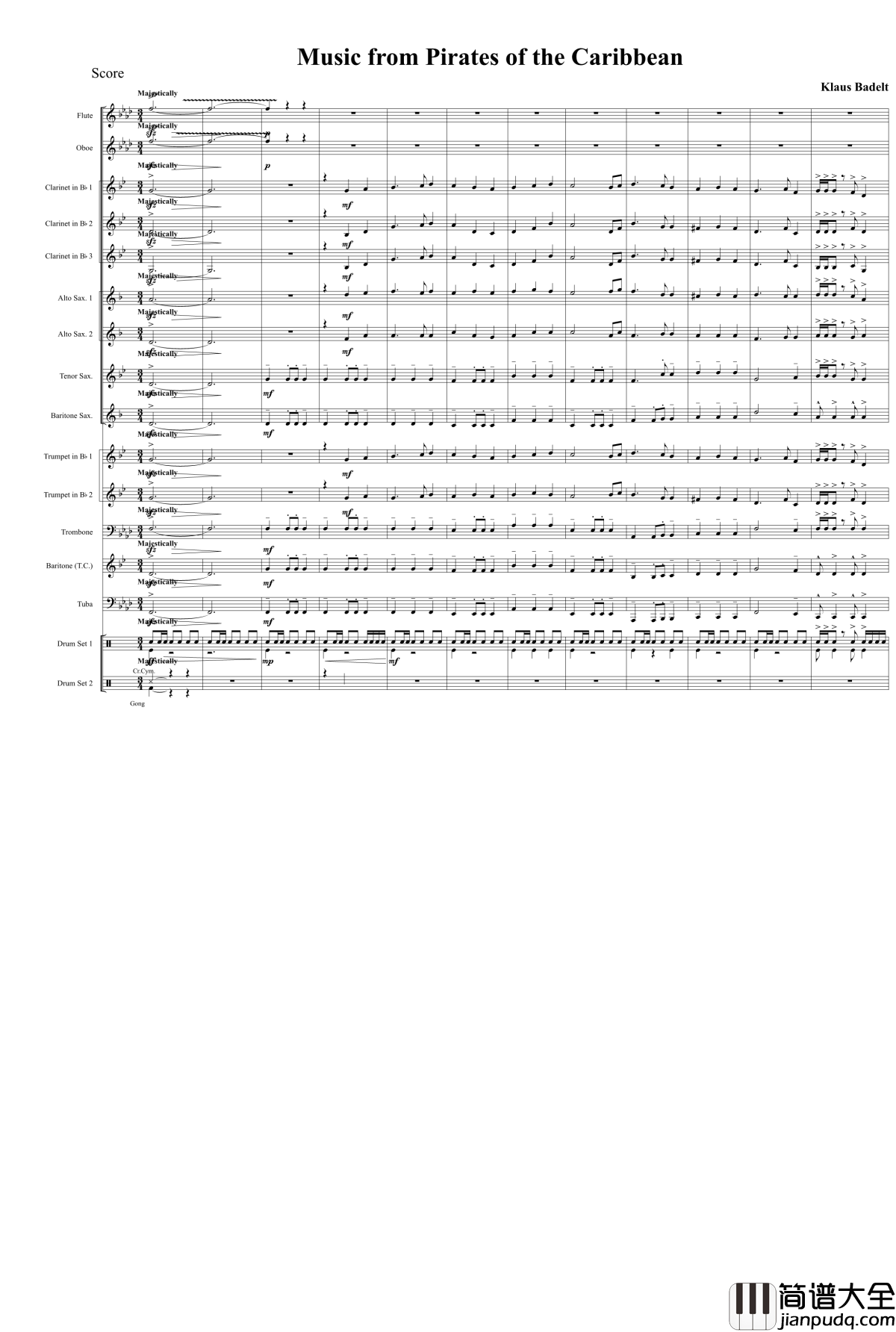 加勒比海盗钢琴谱_管乐