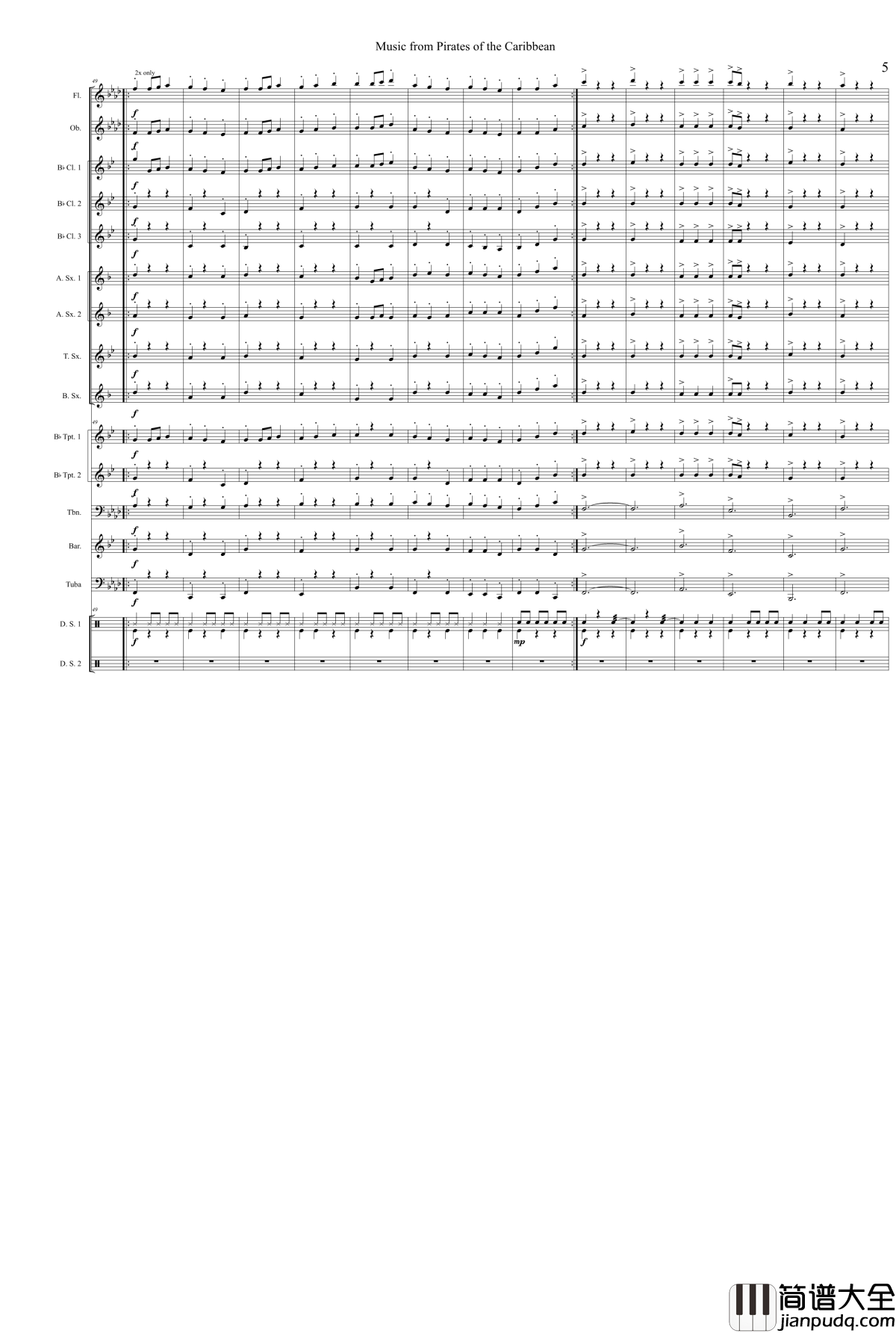 加勒比海盗钢琴谱_管乐
