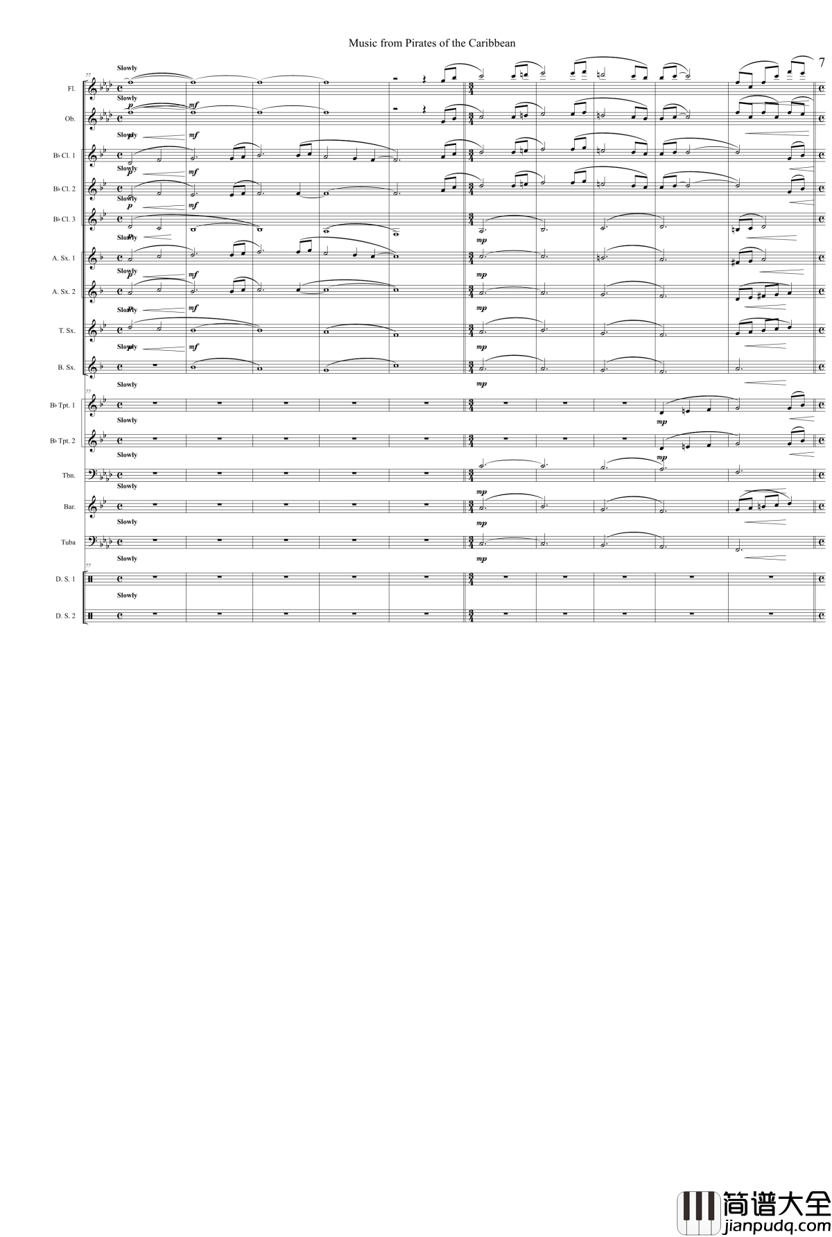 加勒比海盗钢琴谱_管乐