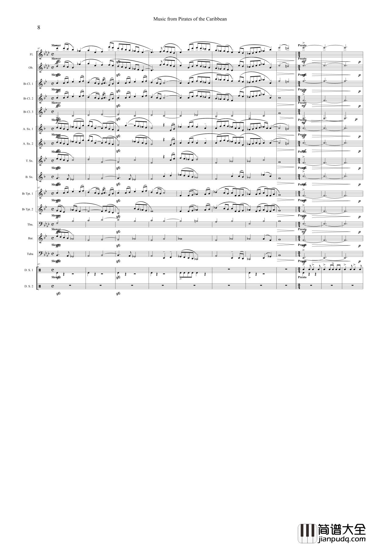 加勒比海盗钢琴谱_管乐