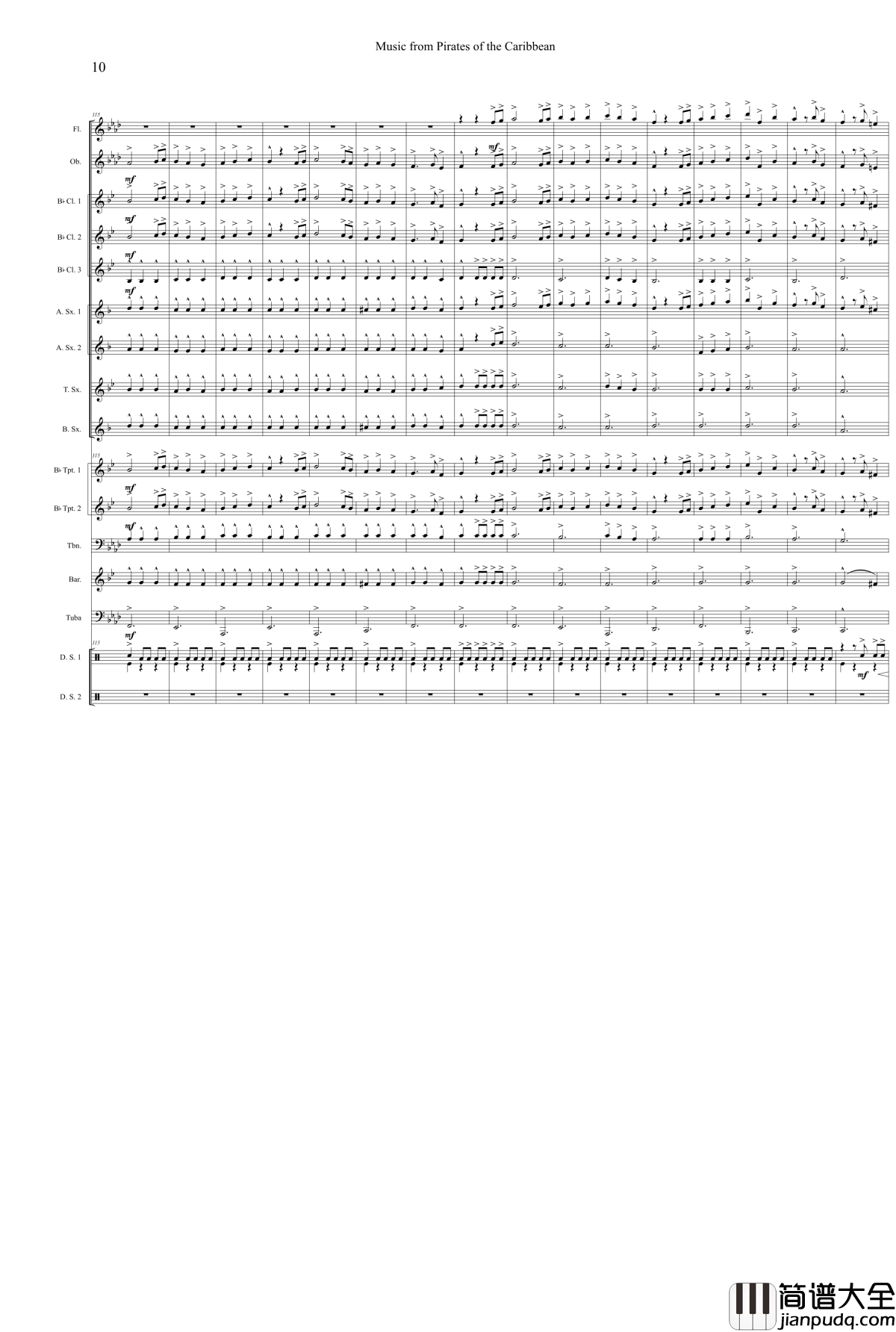 加勒比海盗钢琴谱_管乐
